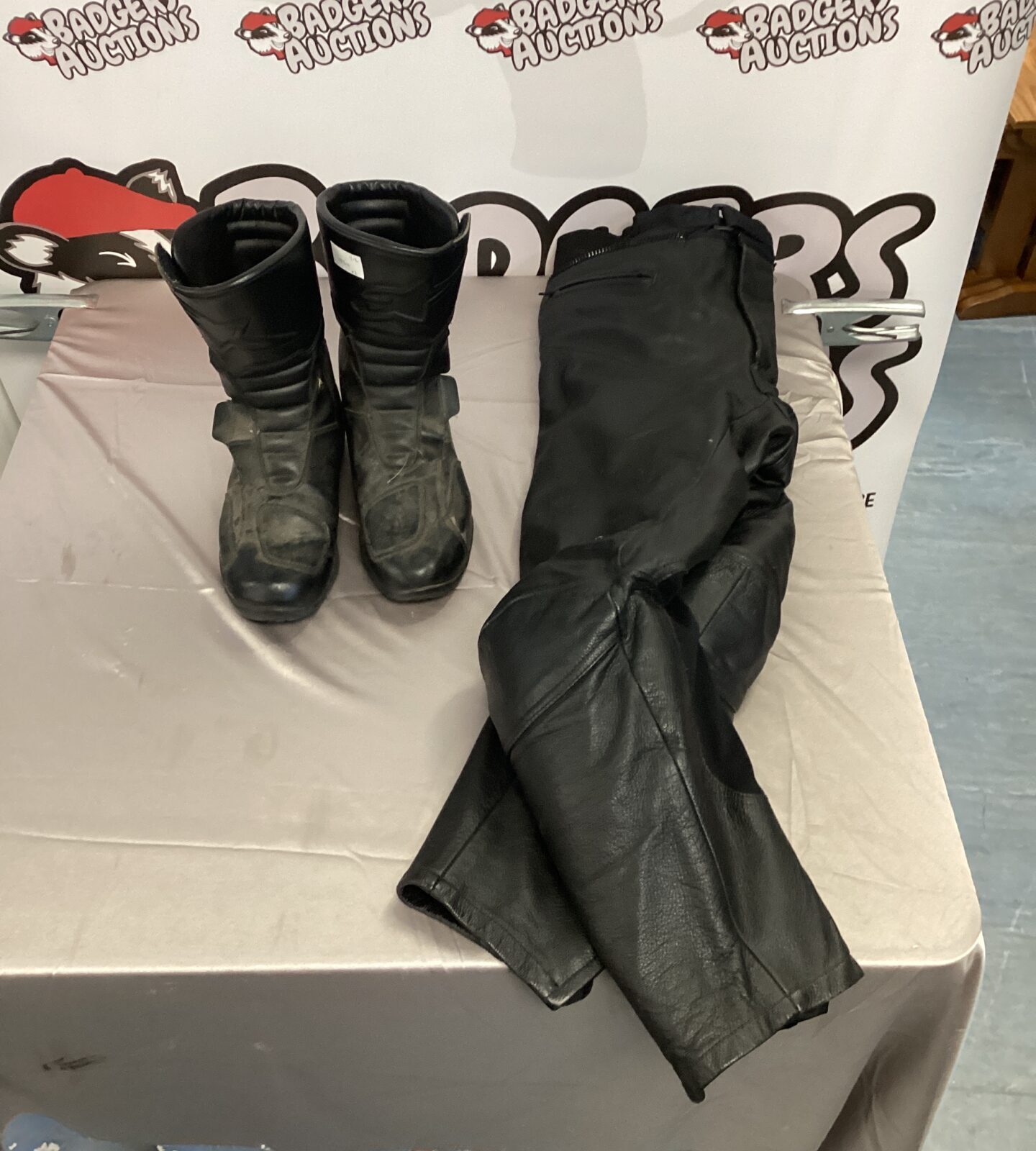 alpine star motorcycle boots size 8 with pair of motorcycle leather trousers size 38 waist 29 leg