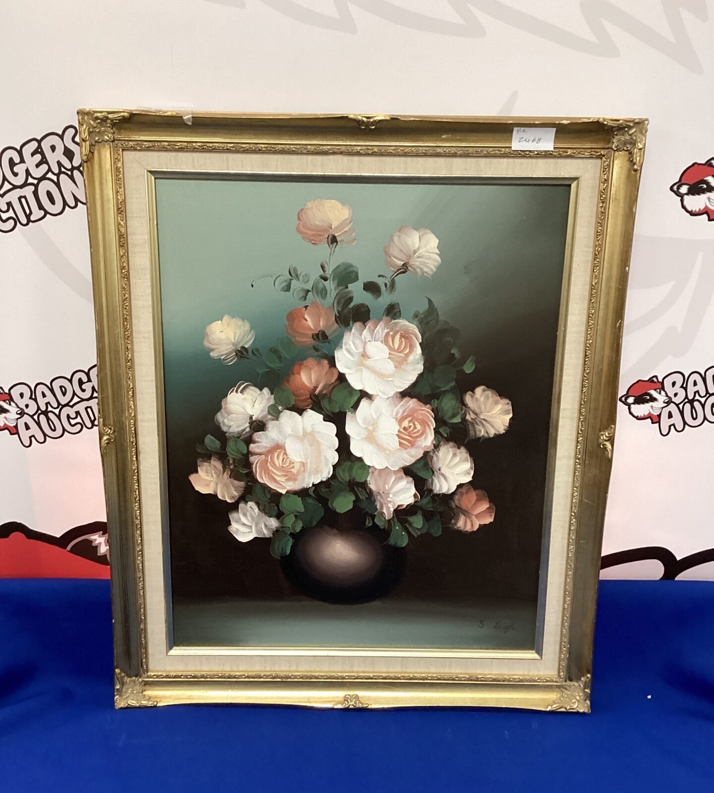 Still life oil painting of roses in vase signed s leigh