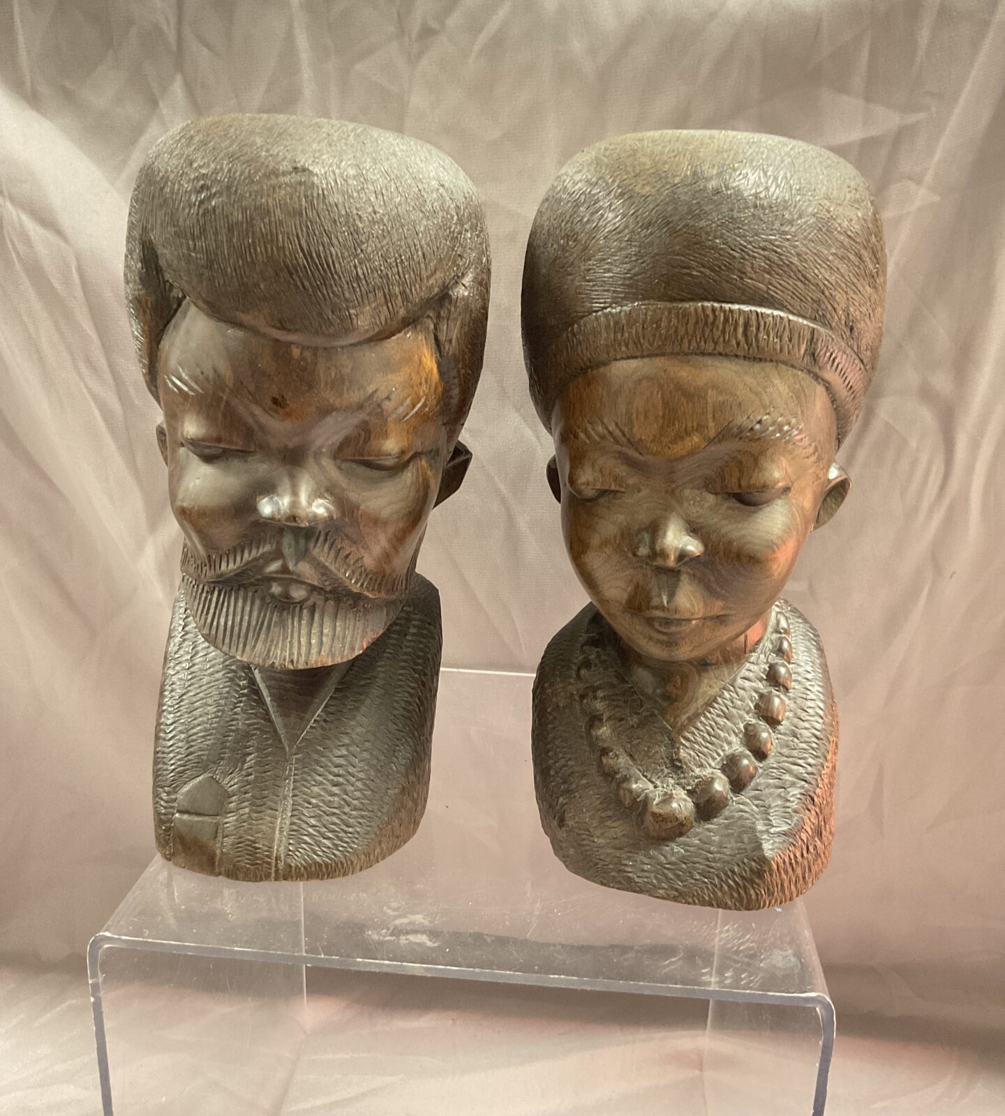 Male and female African carved ebony heartwood 7” Busts