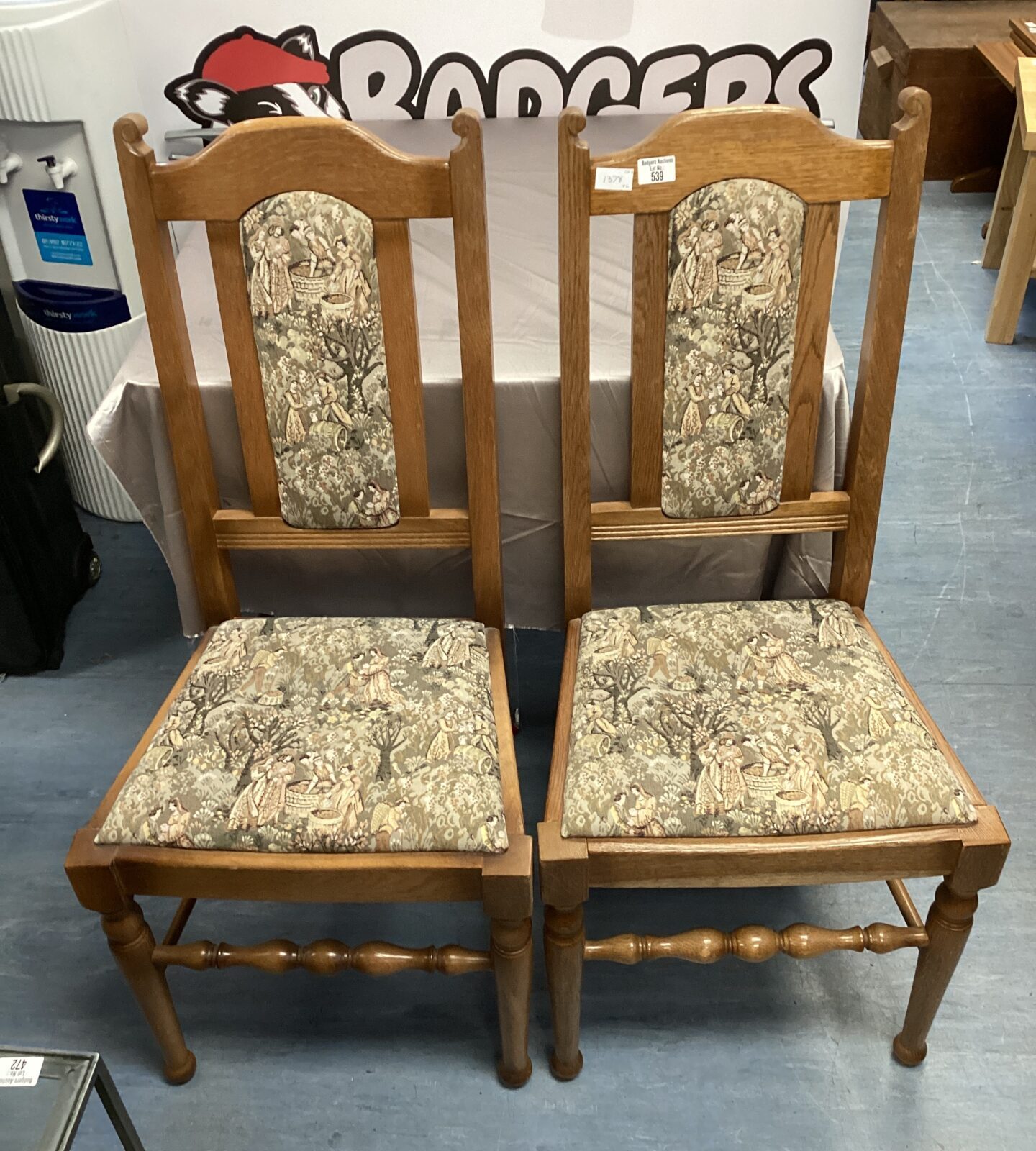 two oak & tapestry dining chairs