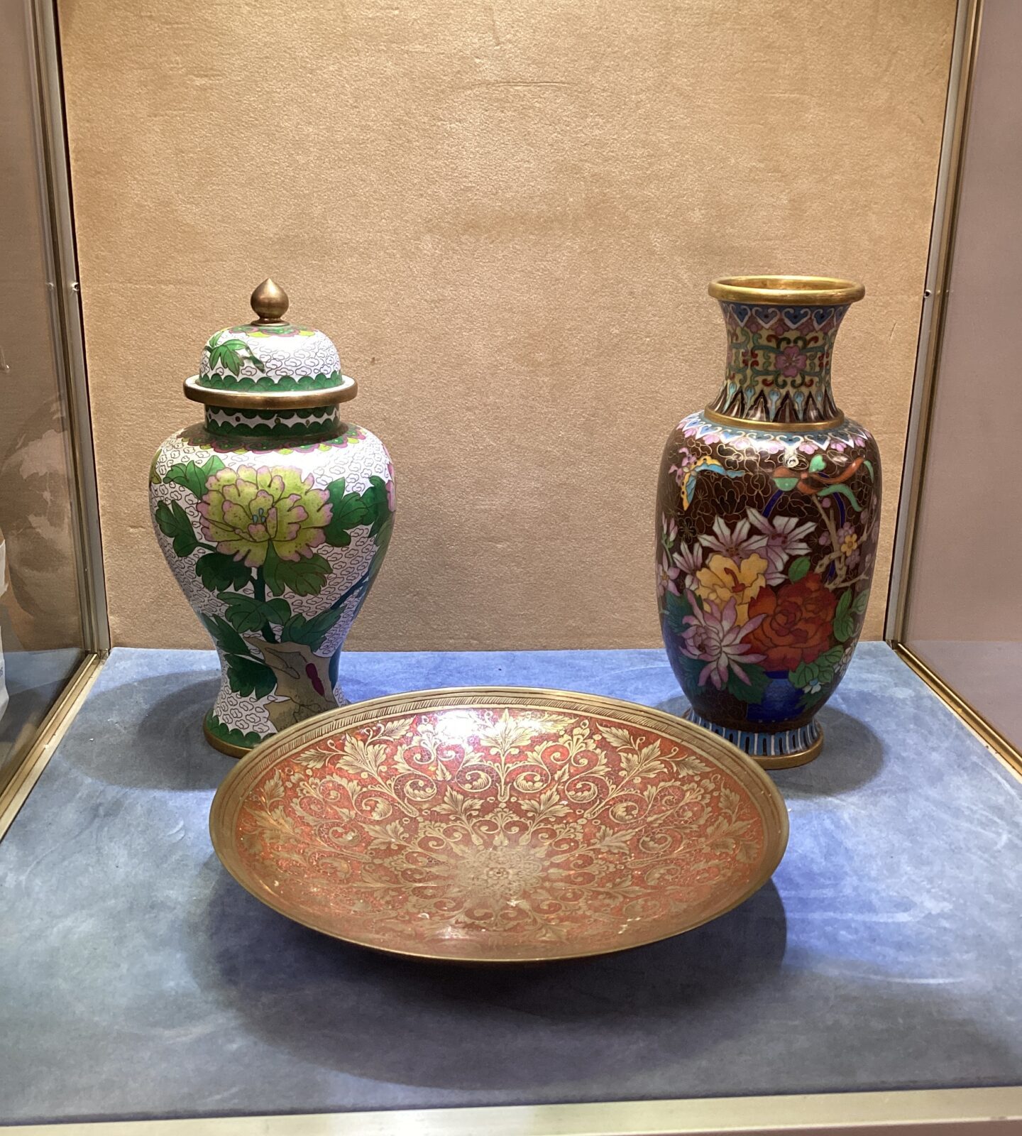 Two Cloisonne vases and dish