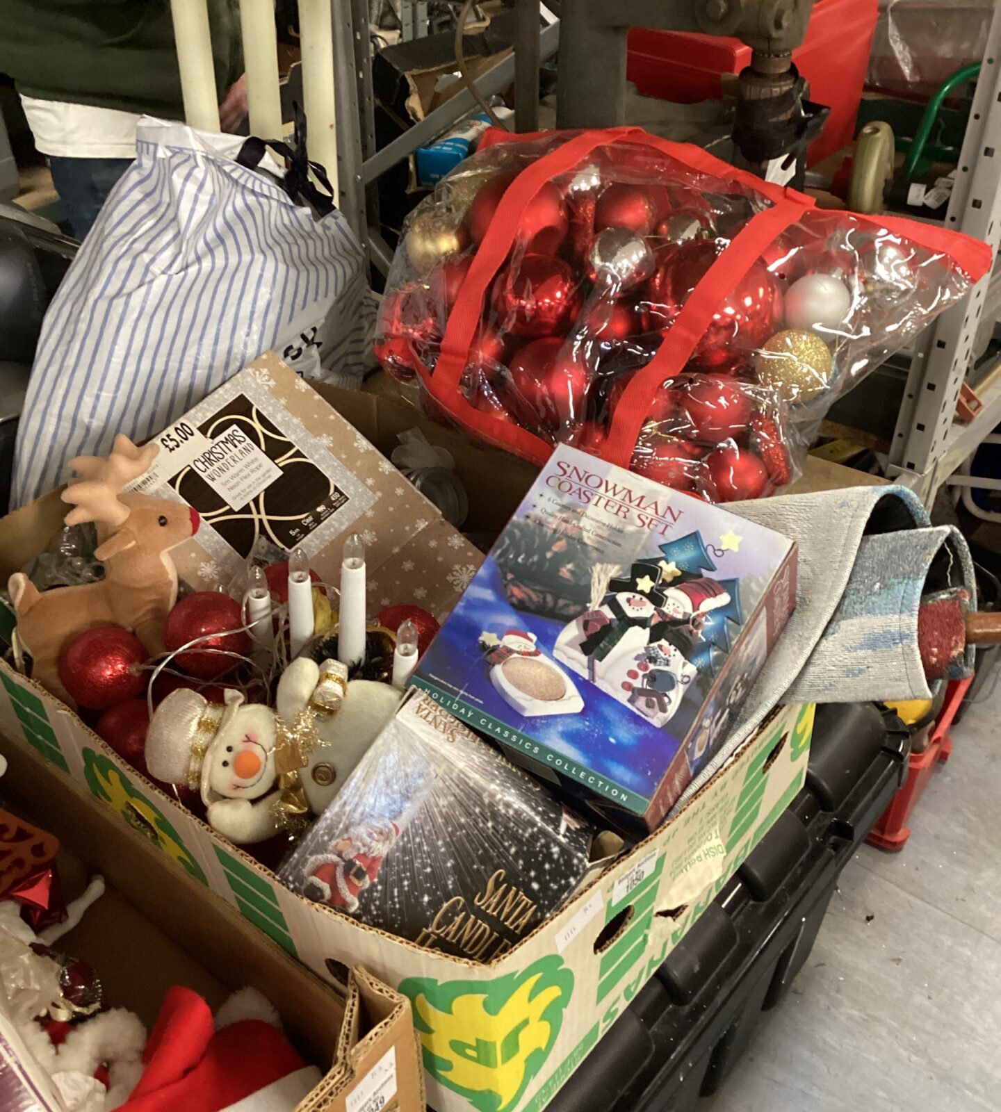 Large box of Christmas decorations including baubles