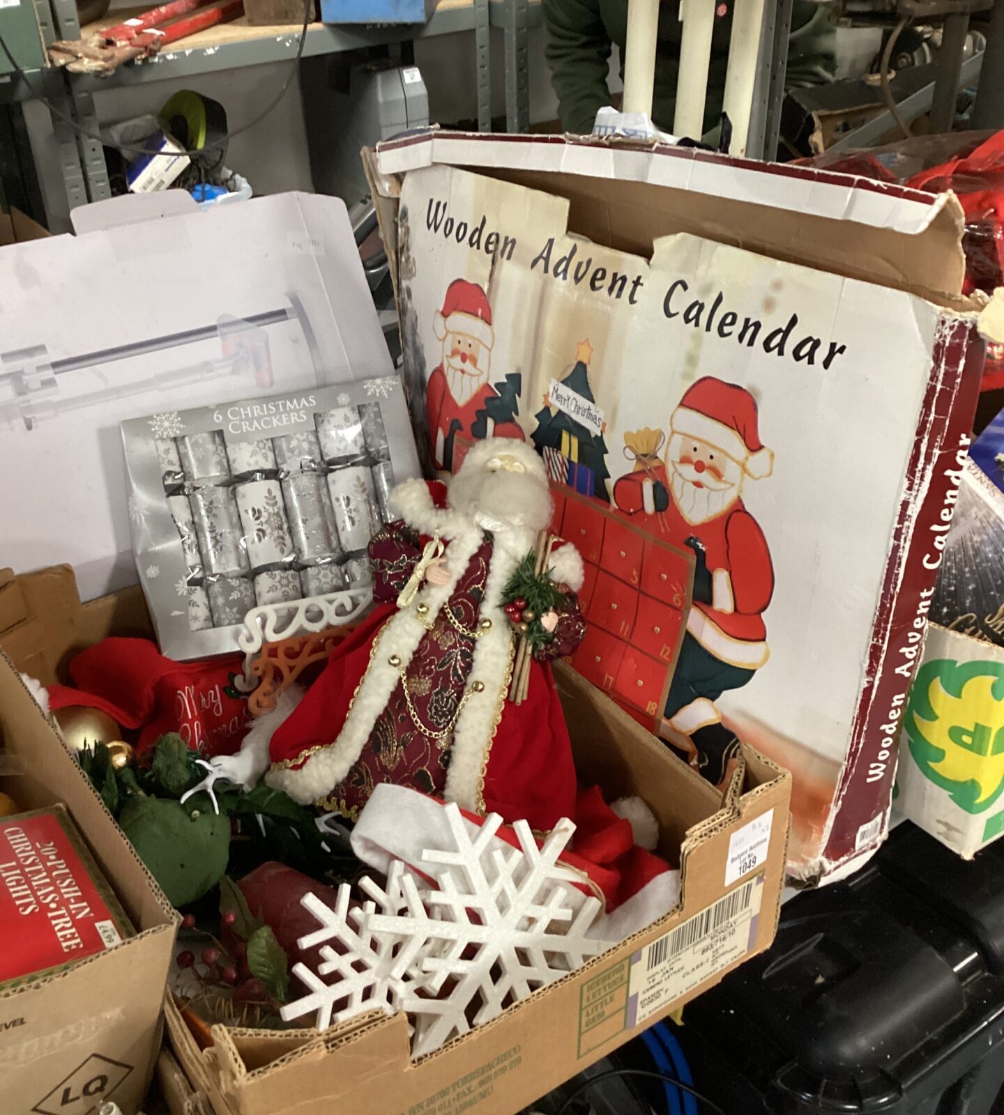 Tray of Christmas decorations including wooden advent calendar & santa tree angel