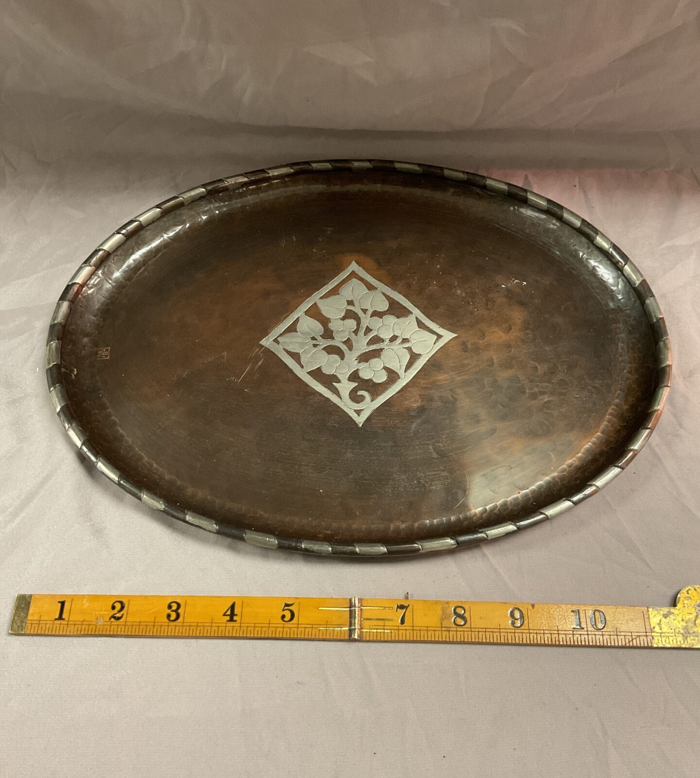 hugh wallis oval copper tray 1930/40 pewter inlaid fruit tree with chevron border