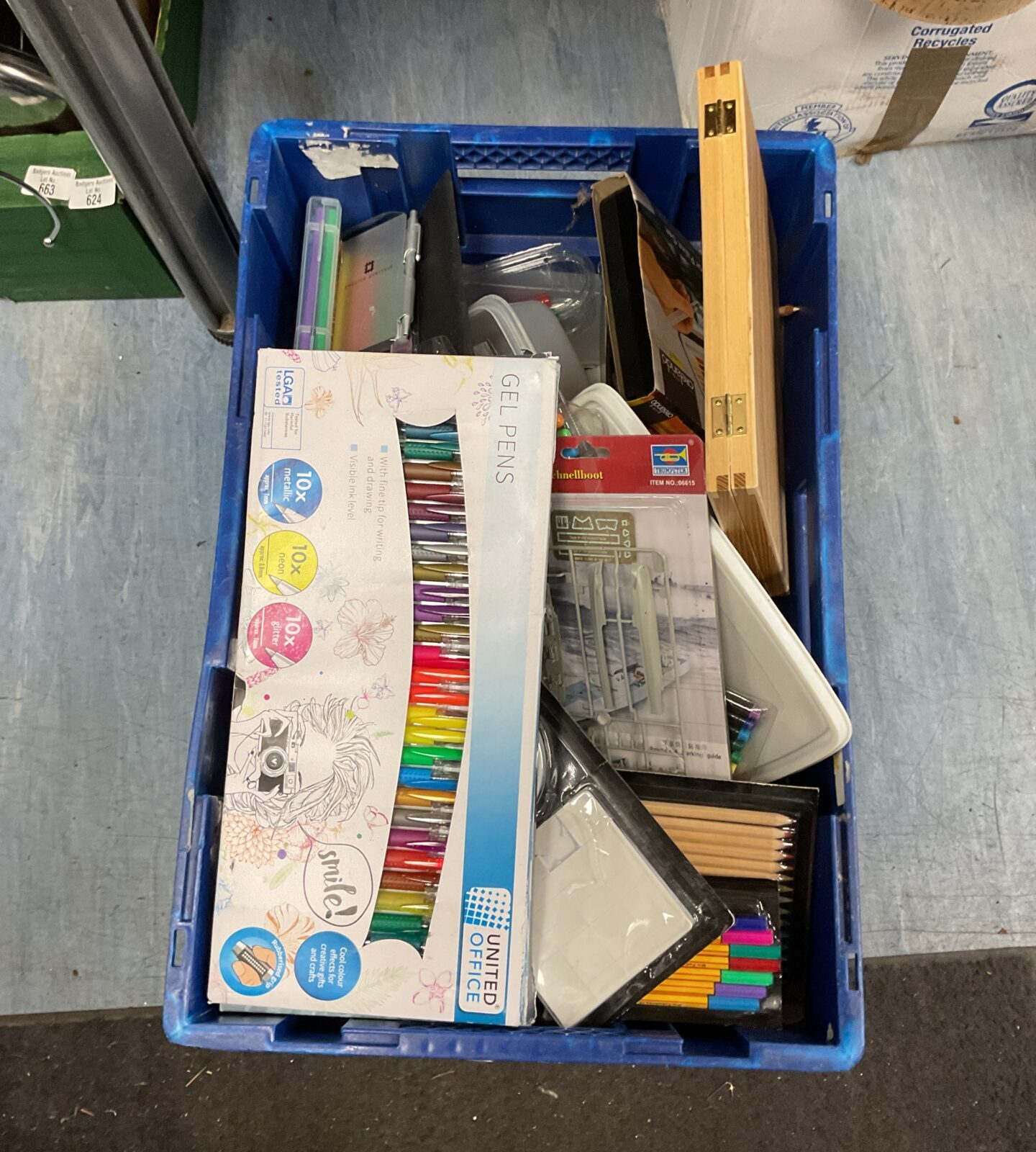 Box of arts and crafts including gel pens, pencils and paints