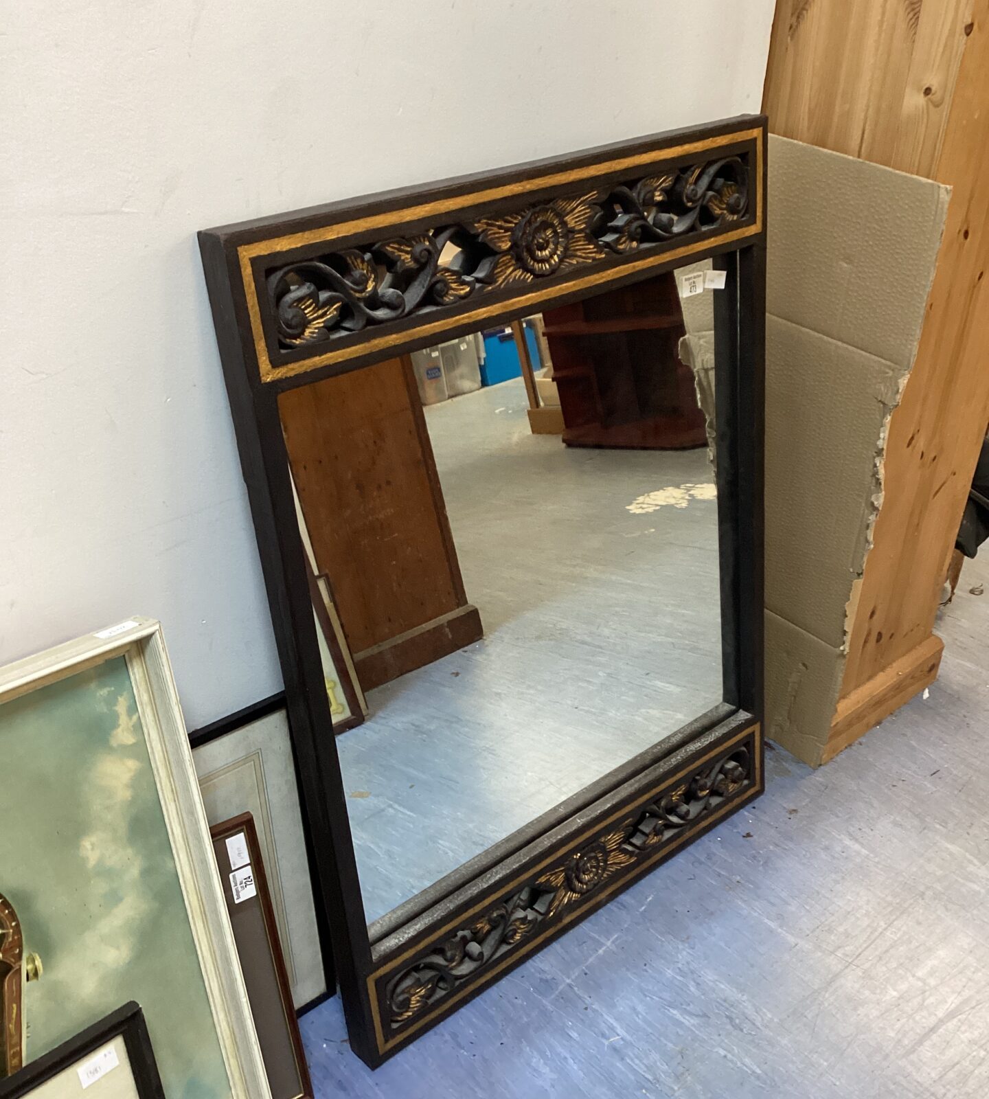 Large gold & black painted metal framed mirror