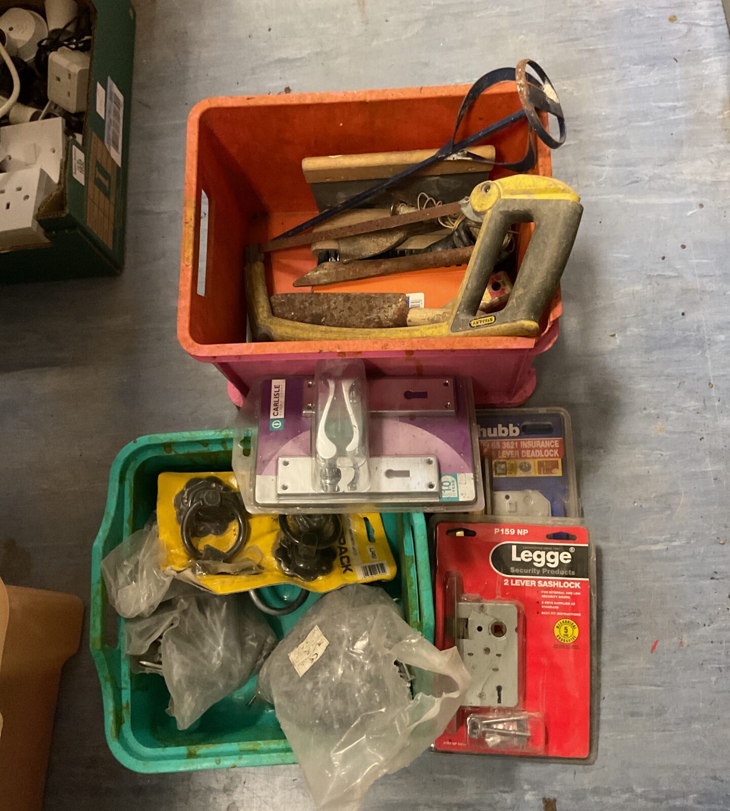 Two tubs mixed hardware inc chubb lock and assorted tools nails ect