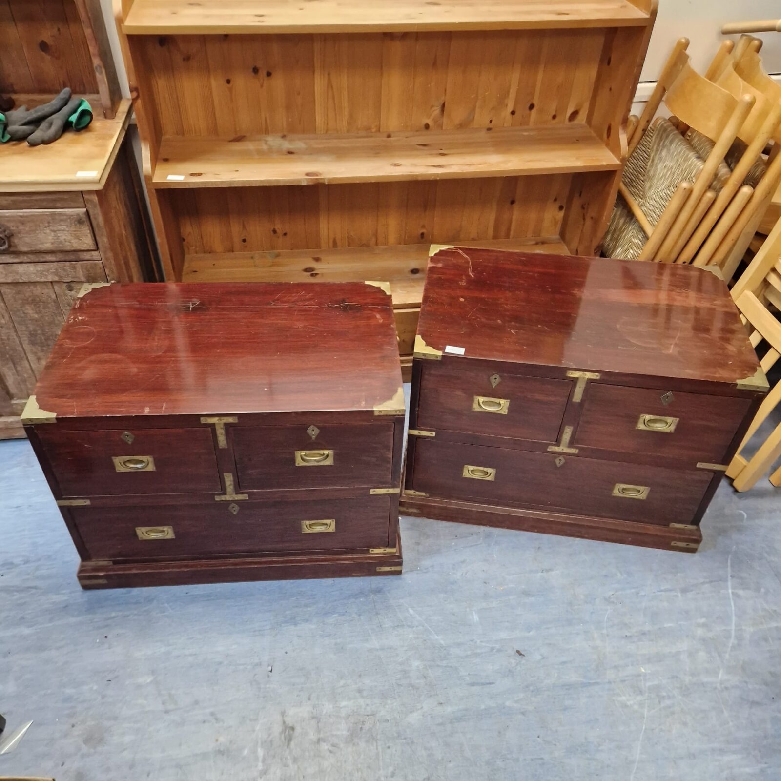 two sets of drawers with brass handles & detailing with keys