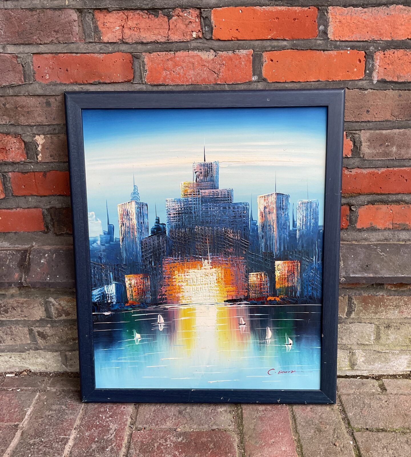 Original signed oil painting of a city skyline reflections