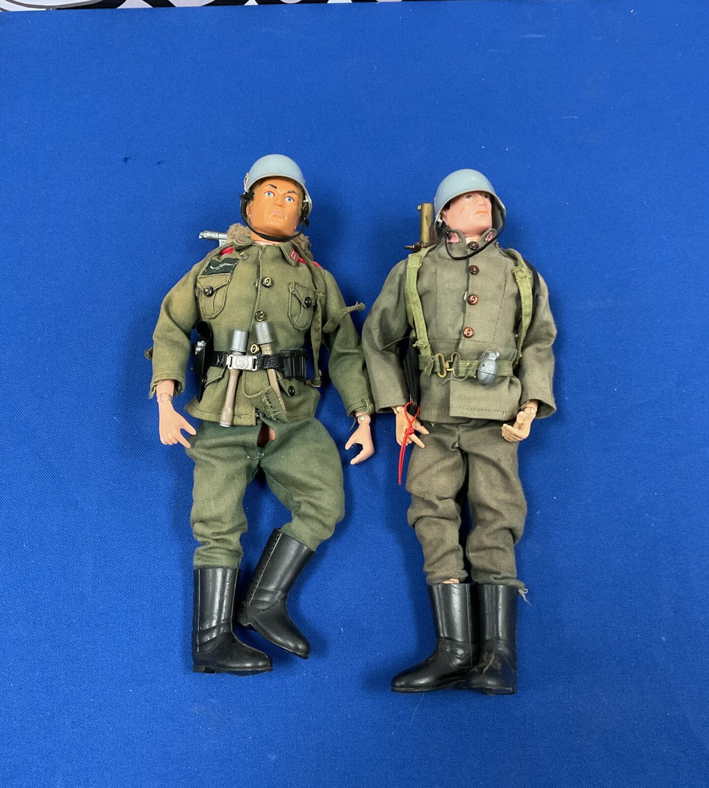 two vintage 1964 palitoy action man figures in nazi uniforms including eagle eye figure