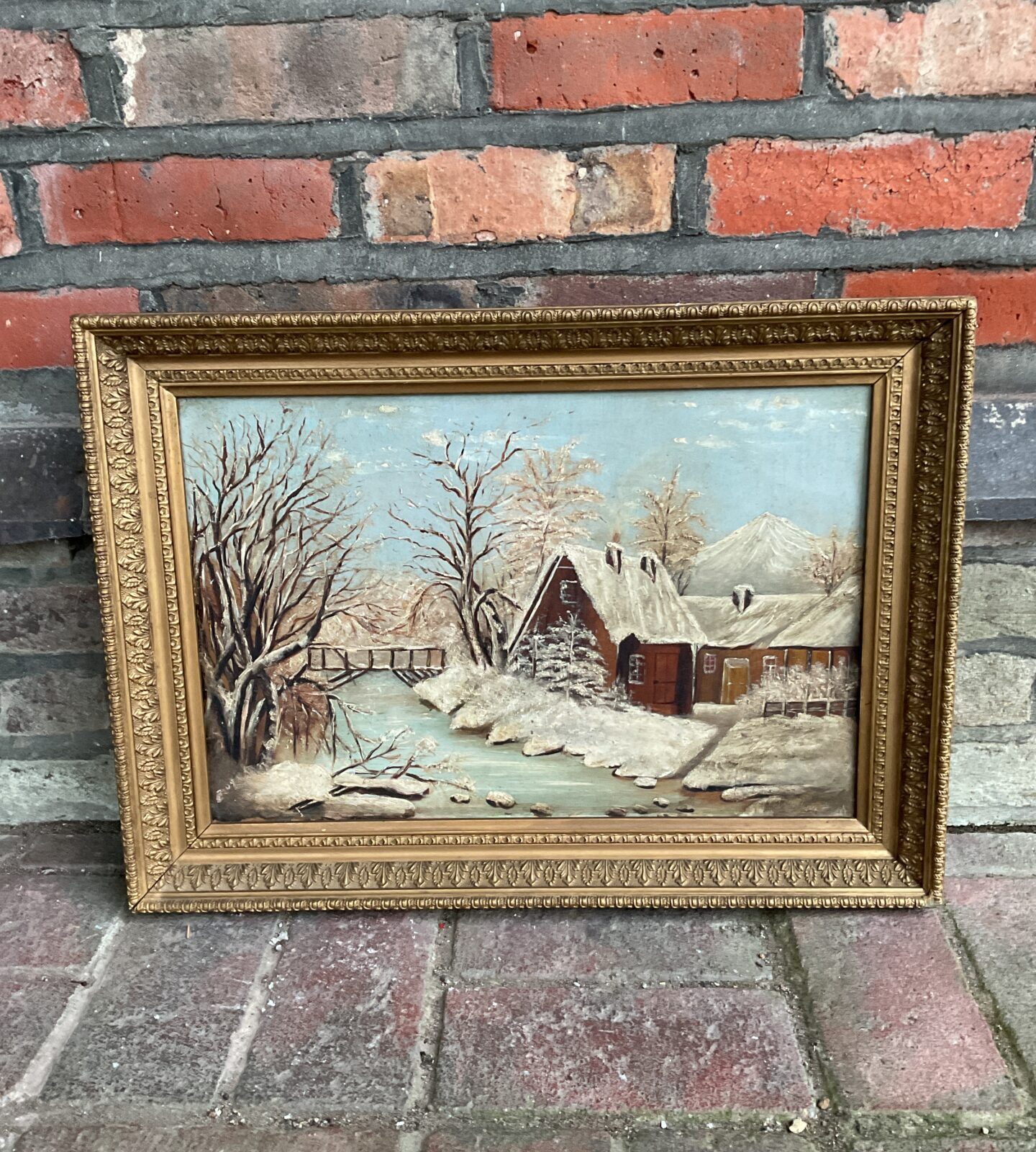 russian oil on board of winter river scene with cottage