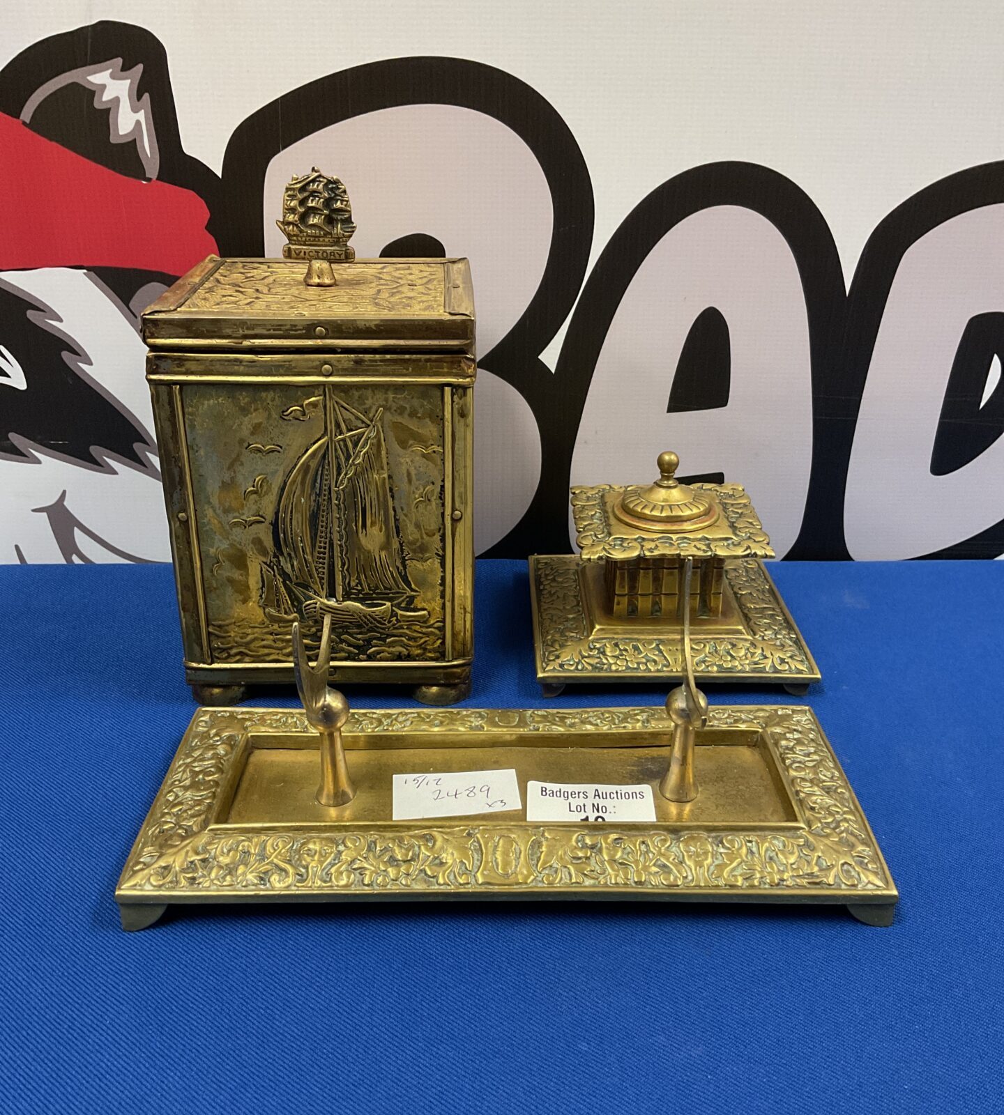 Vintage brass desk set with inkwell & pen stand