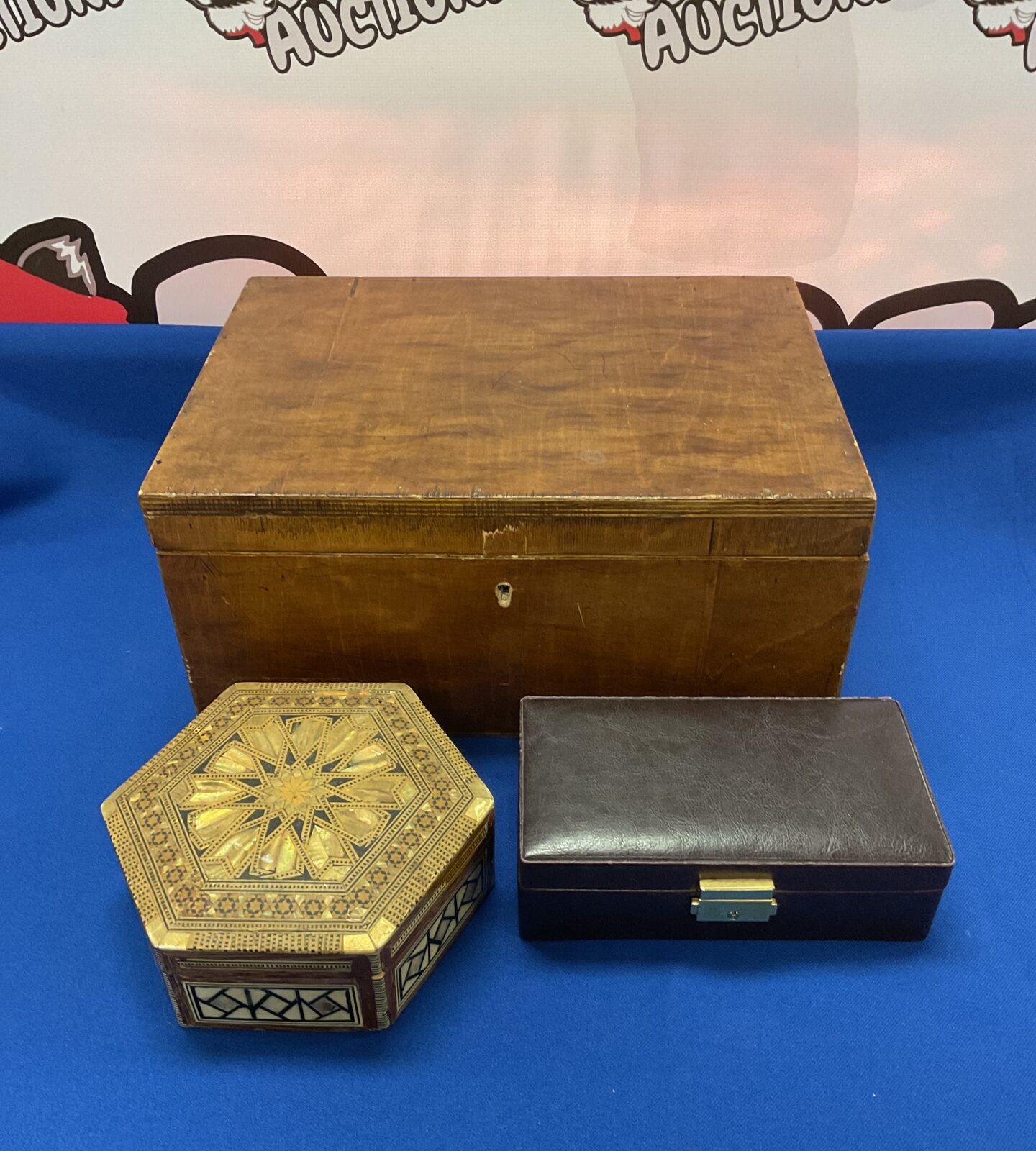 Three vintage boxes including mother of pearl inlay trinket box