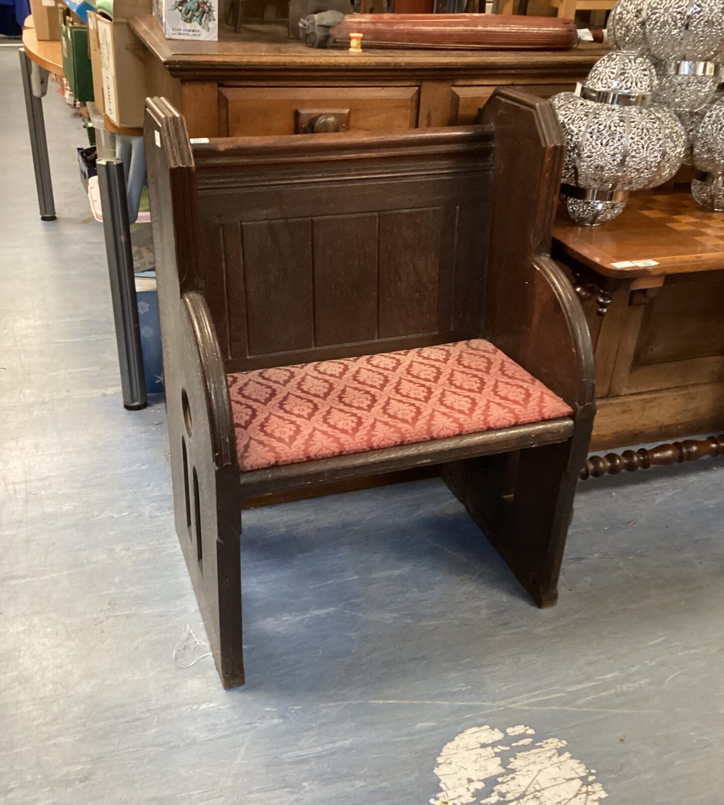 Antique Dark Oak Small Church Pew with Cushion