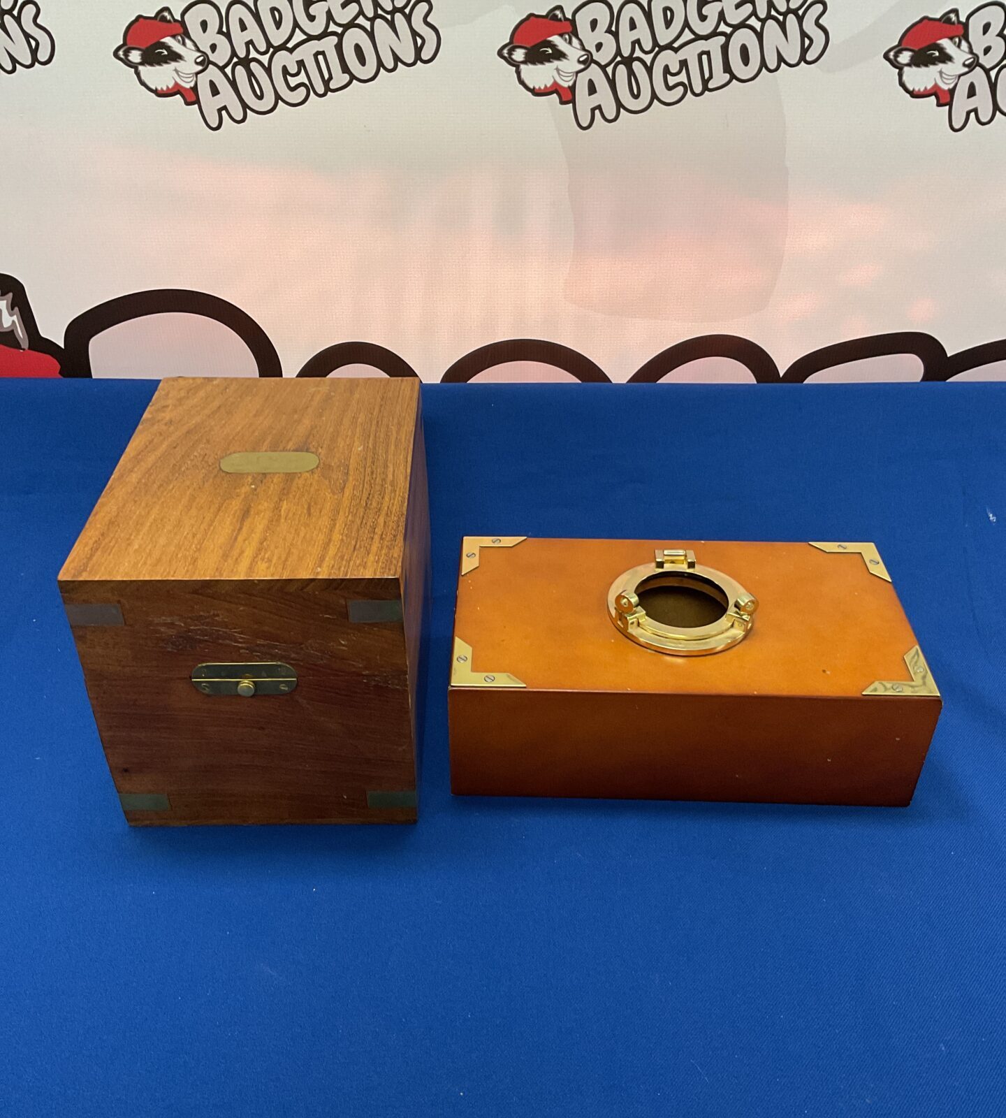 Wooden box with brass details & ships porthole tissue box