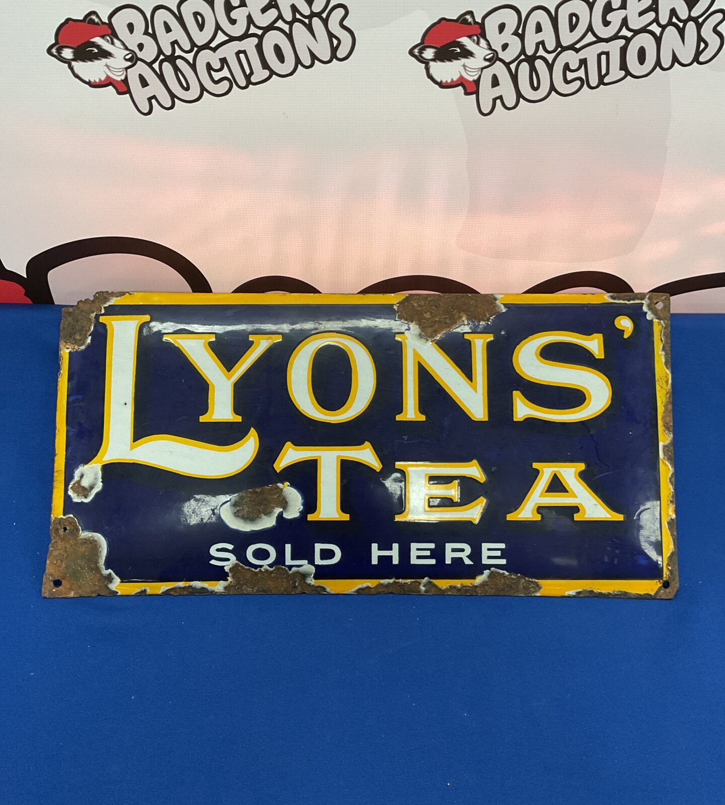 Vintage lyons tea sold here enamel sign 19” x 9.5”