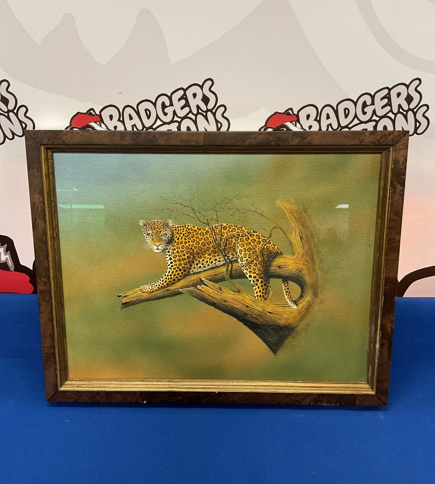 Original framed mixed media artwork of a cheetah in a tree