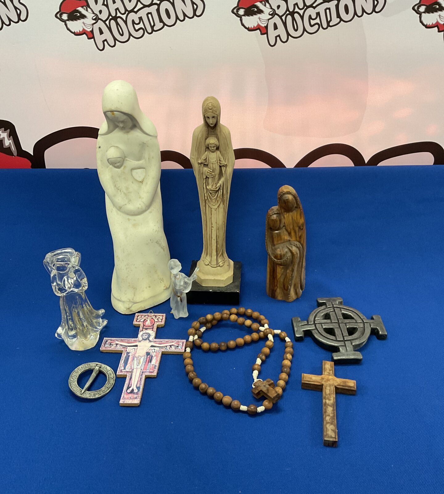 Selection of religious icon figures & crucifixes including rosary beads