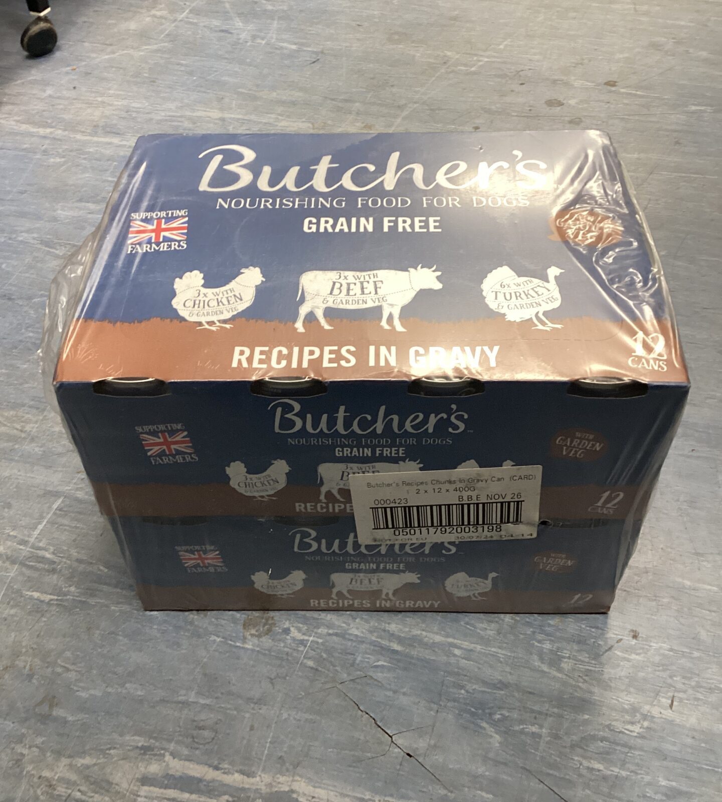 Twenty four cans of butchers dog food inc chicken, beef & turkey