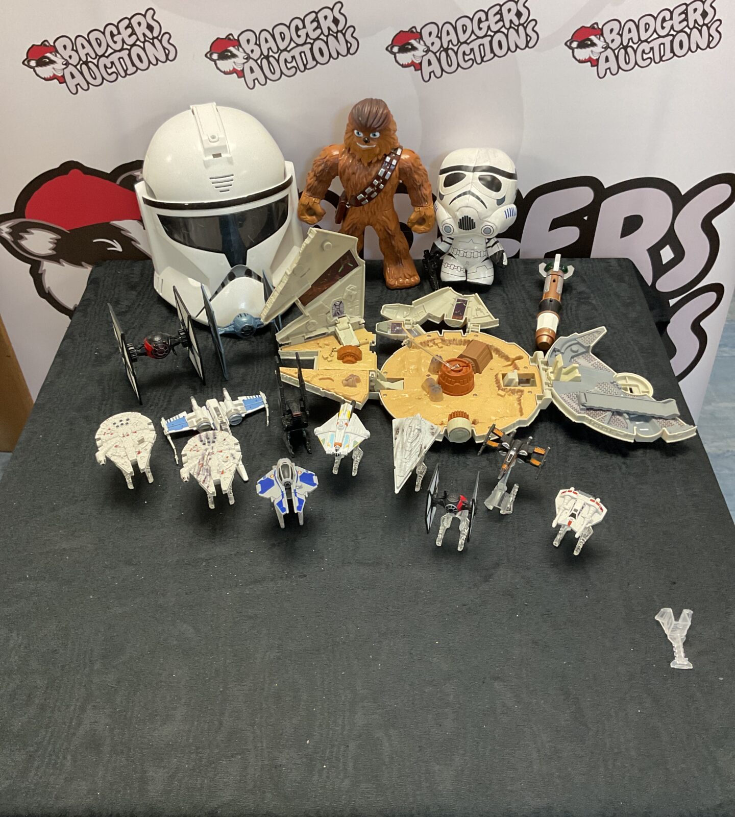 Selection of mixed star wars items inc ship models with stands, clone trooper mask and soft toys