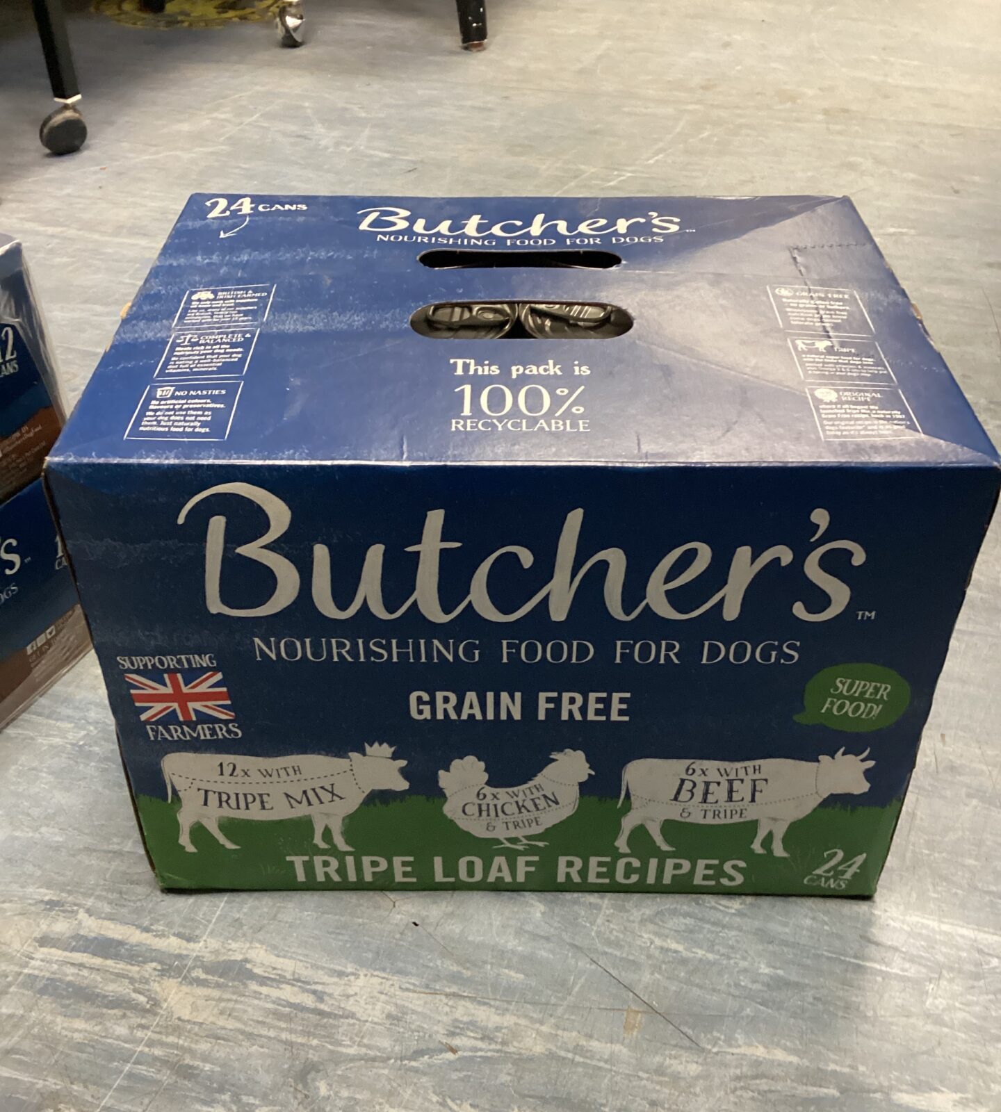 Twenty four cans of butchers dog food inc beef, chicken & tripe mix