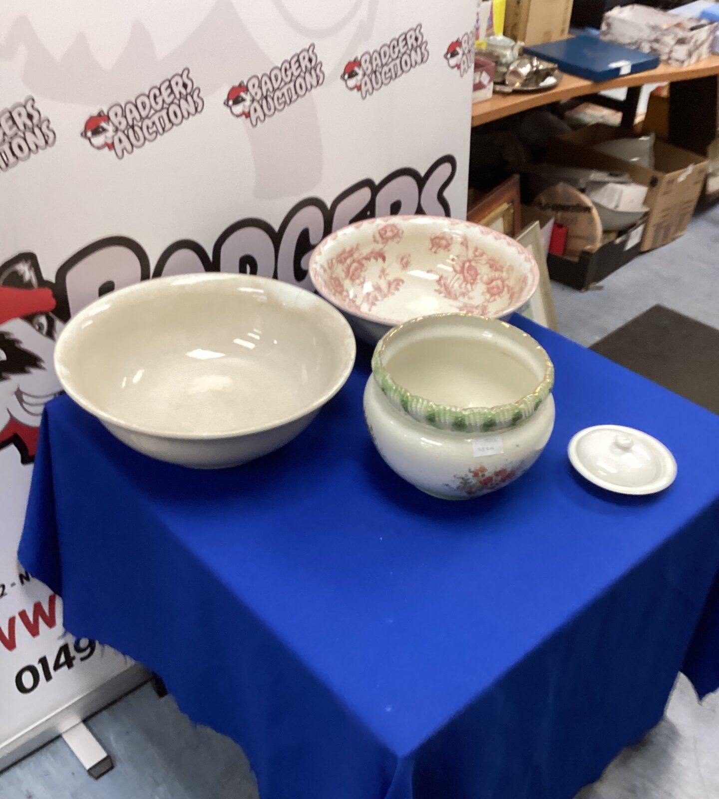 Two Large Porcelain Washing Bowls a vase and candle holder