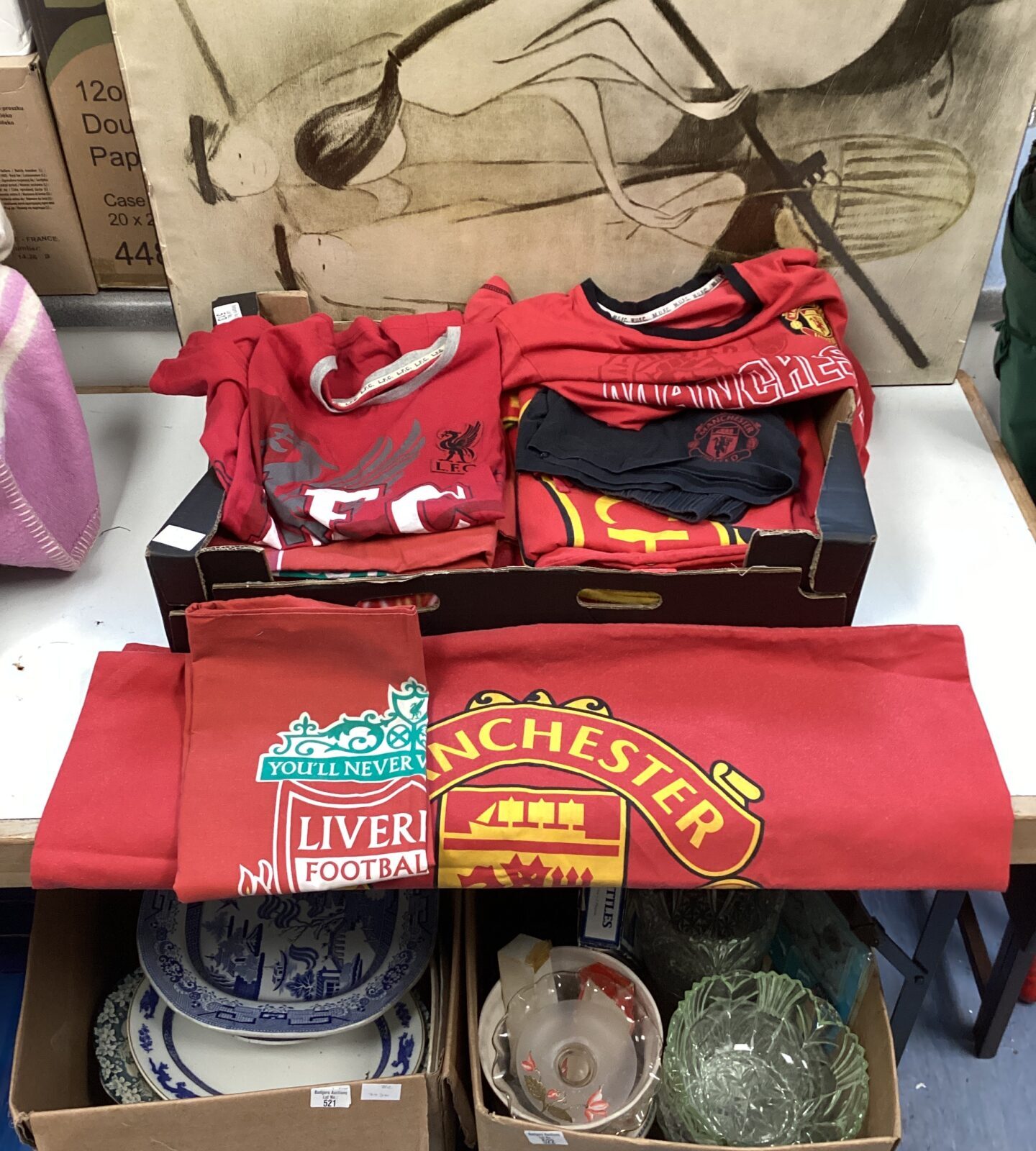 Tray of retro & vintage liverpool FC & manchester united football branded clothing & bedding covers