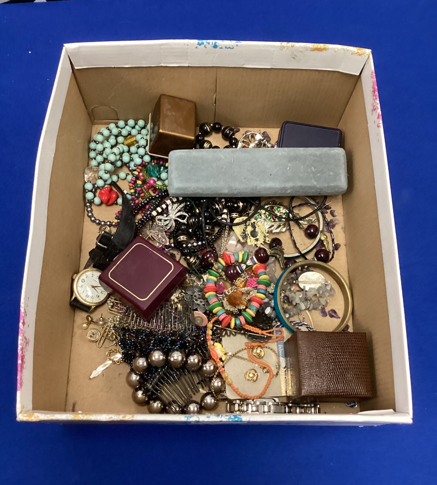 Box of mixed costume jewellery and watches