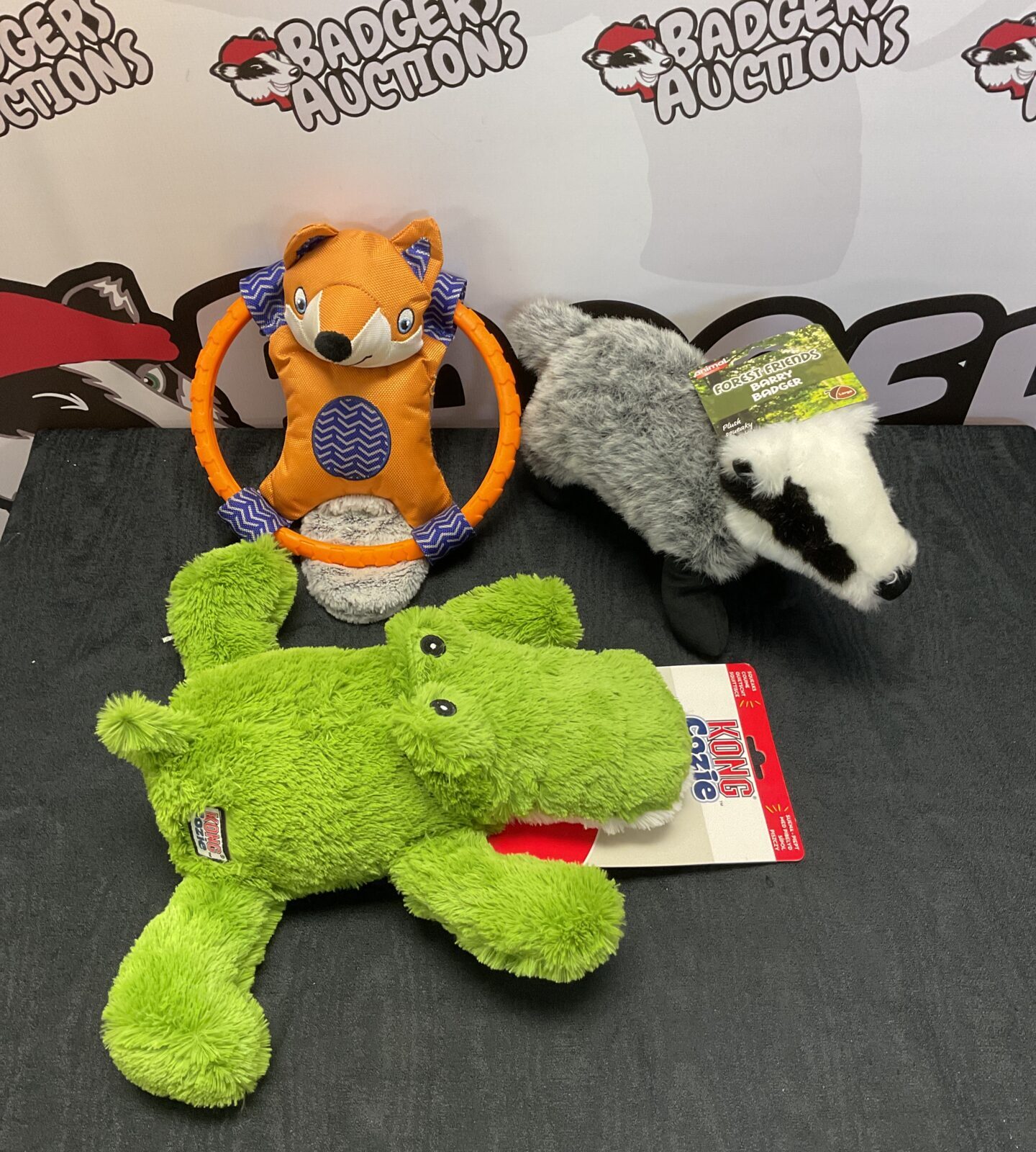 Three dog toys including new kong cozie crocodile & forest friends badger