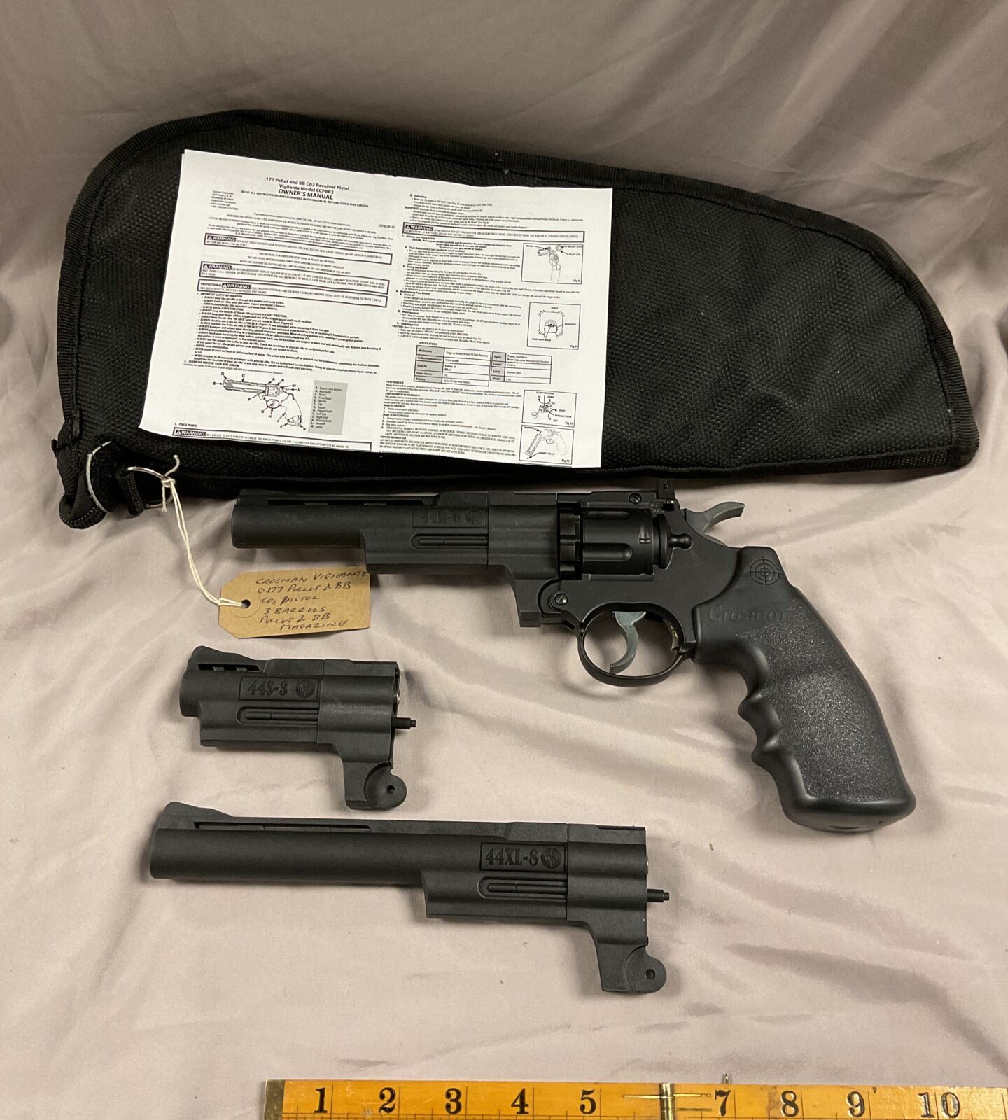 Crossman vigilante.177 and Bb co2 pistol with three interchangeable barrels and case