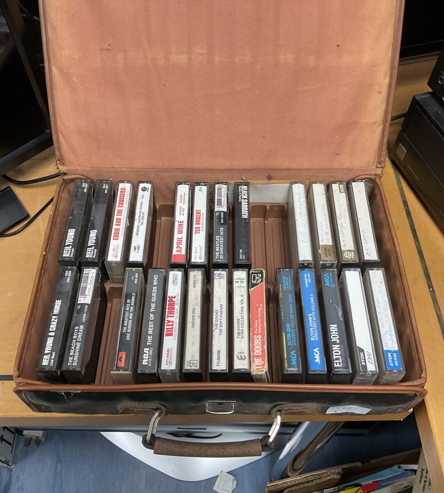 Case of vintage audio cassette tapes