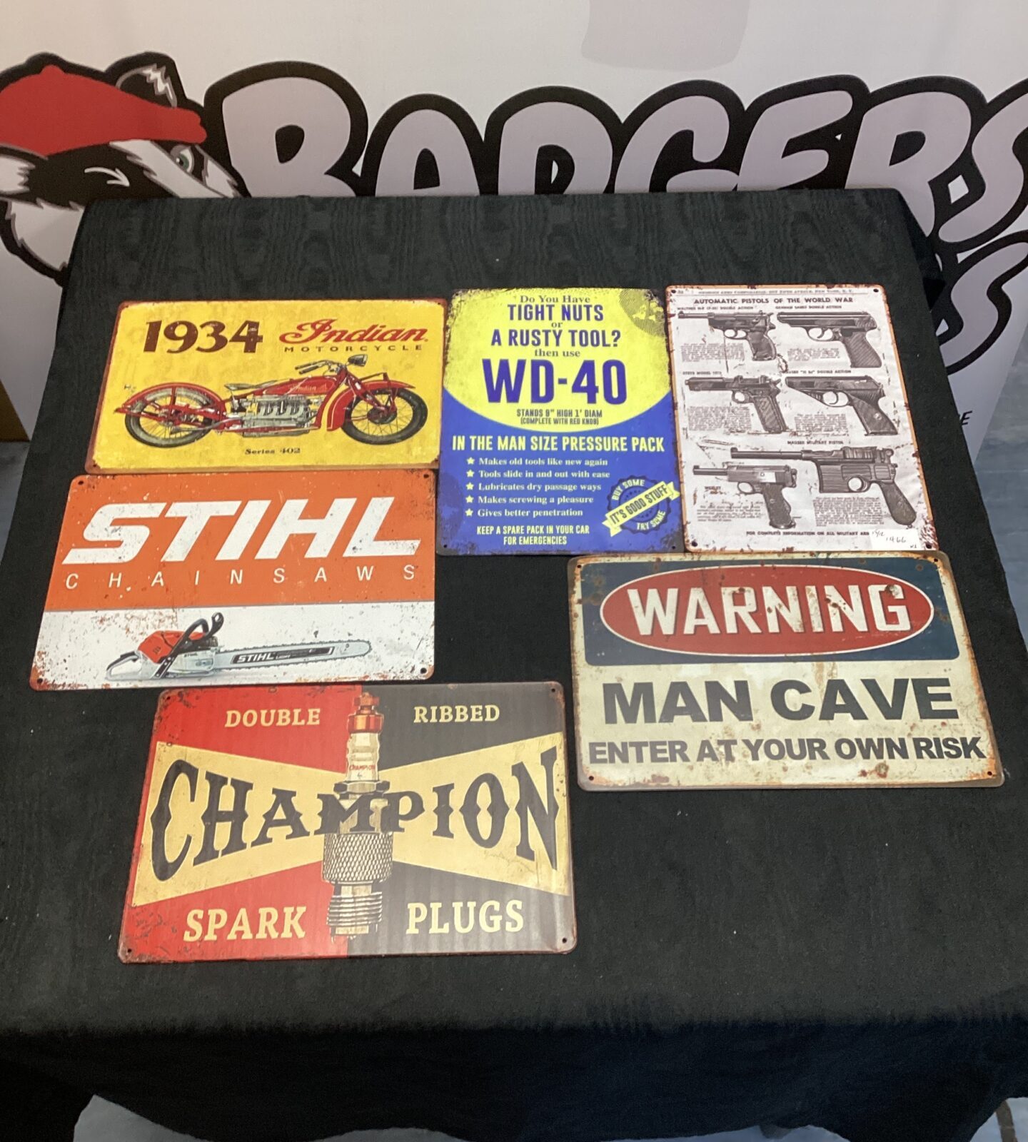 Quantity of vintage style tin advertising signs inc stihl, champion & WD-40