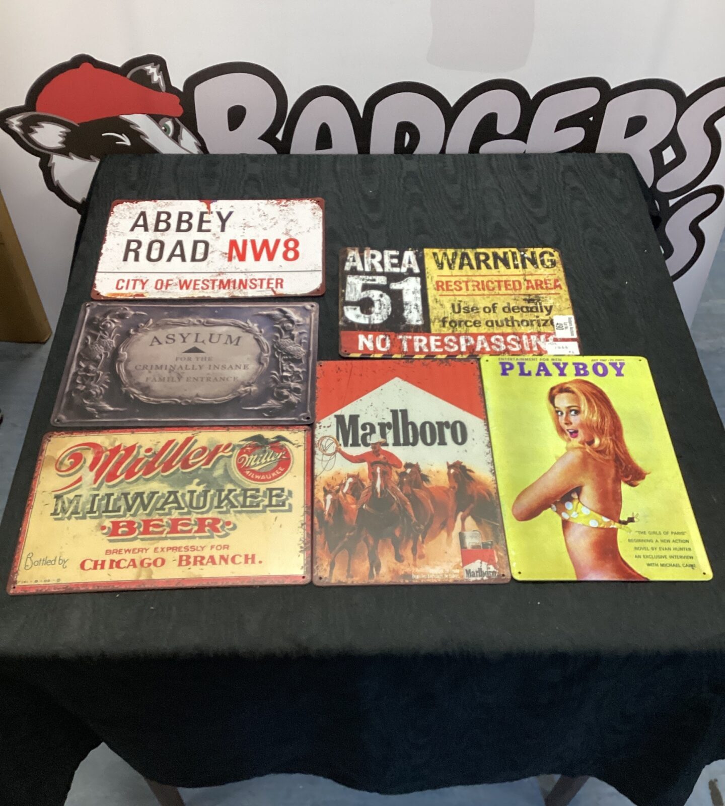 Quantity of vintage style tin advertising signs inc marlboro, playboy & abbey road