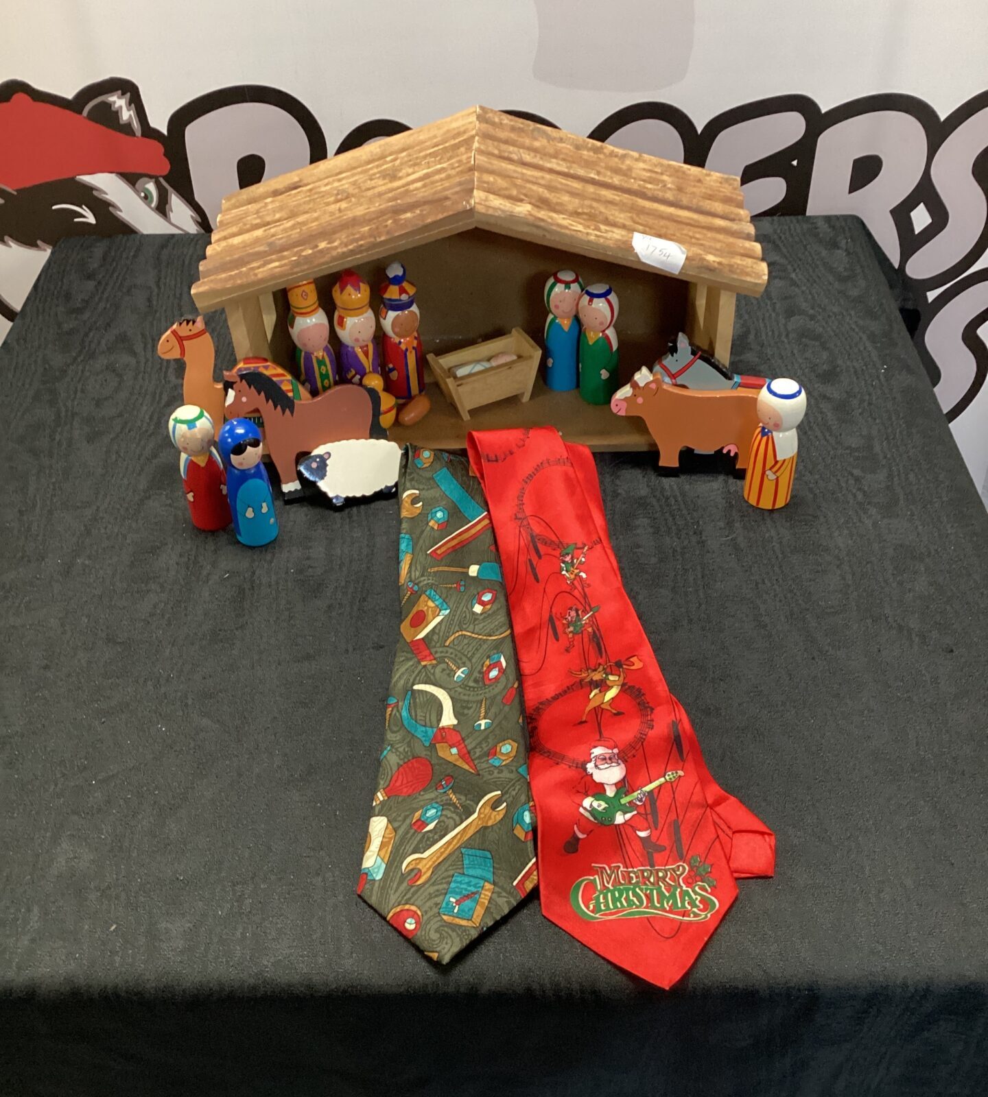 Wooden block character Nativity screen with two Christmas ties