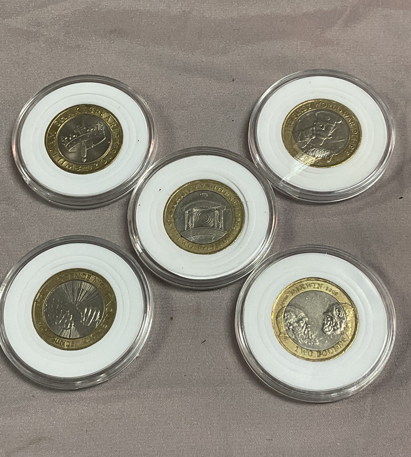 Five commemorative £2 coins Inc Darwin,trinity house and Shakespeare