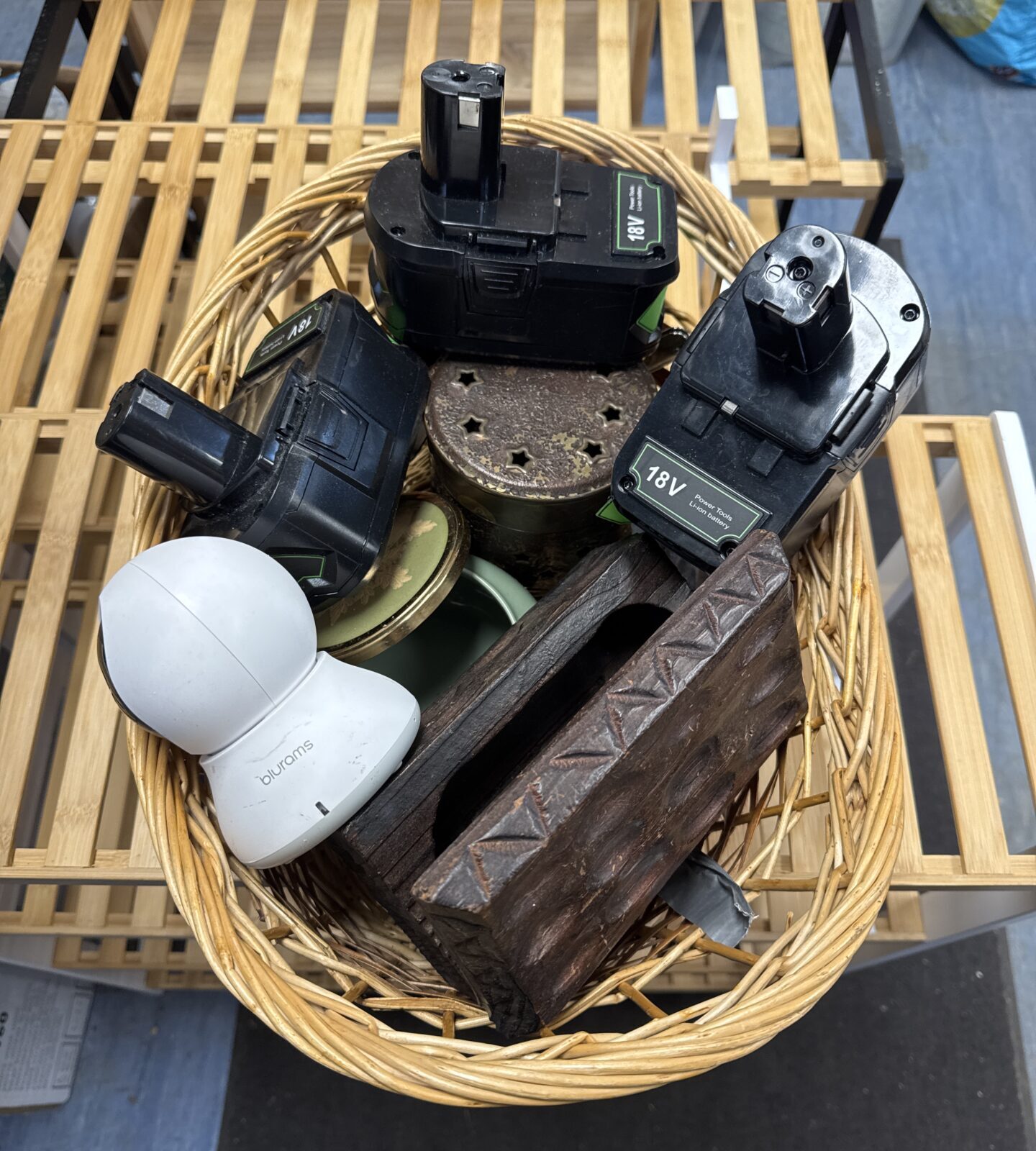 Small wicker Basket of items inc vintage wooden trinket box & others