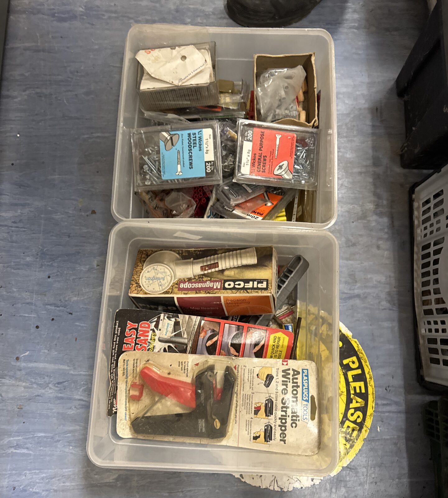 Tub of assorted screws with a tub of assorted tools inc wire stripper