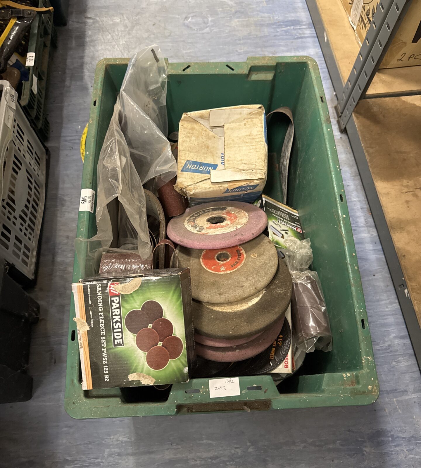 Large box of shed clearance items inc grinding discs & others