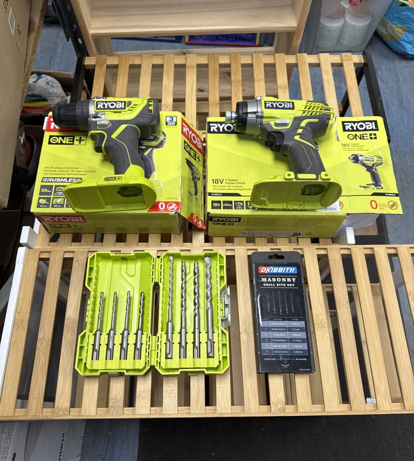 Ryobi one+ brushless drill driver & 3 speed impact driver with two packs of drill bits - no batteries, untested