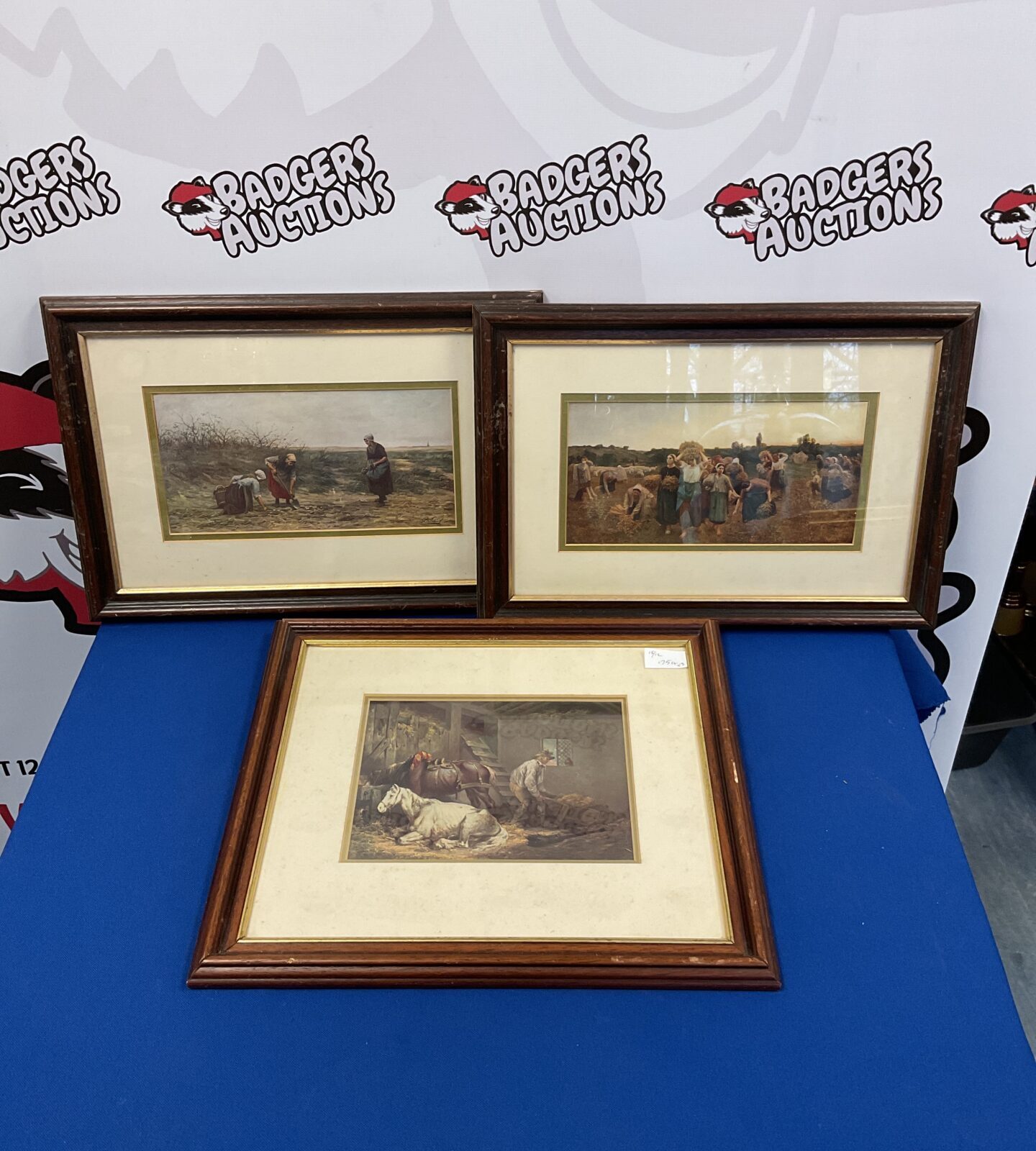 Set of three framed old farm scene prints