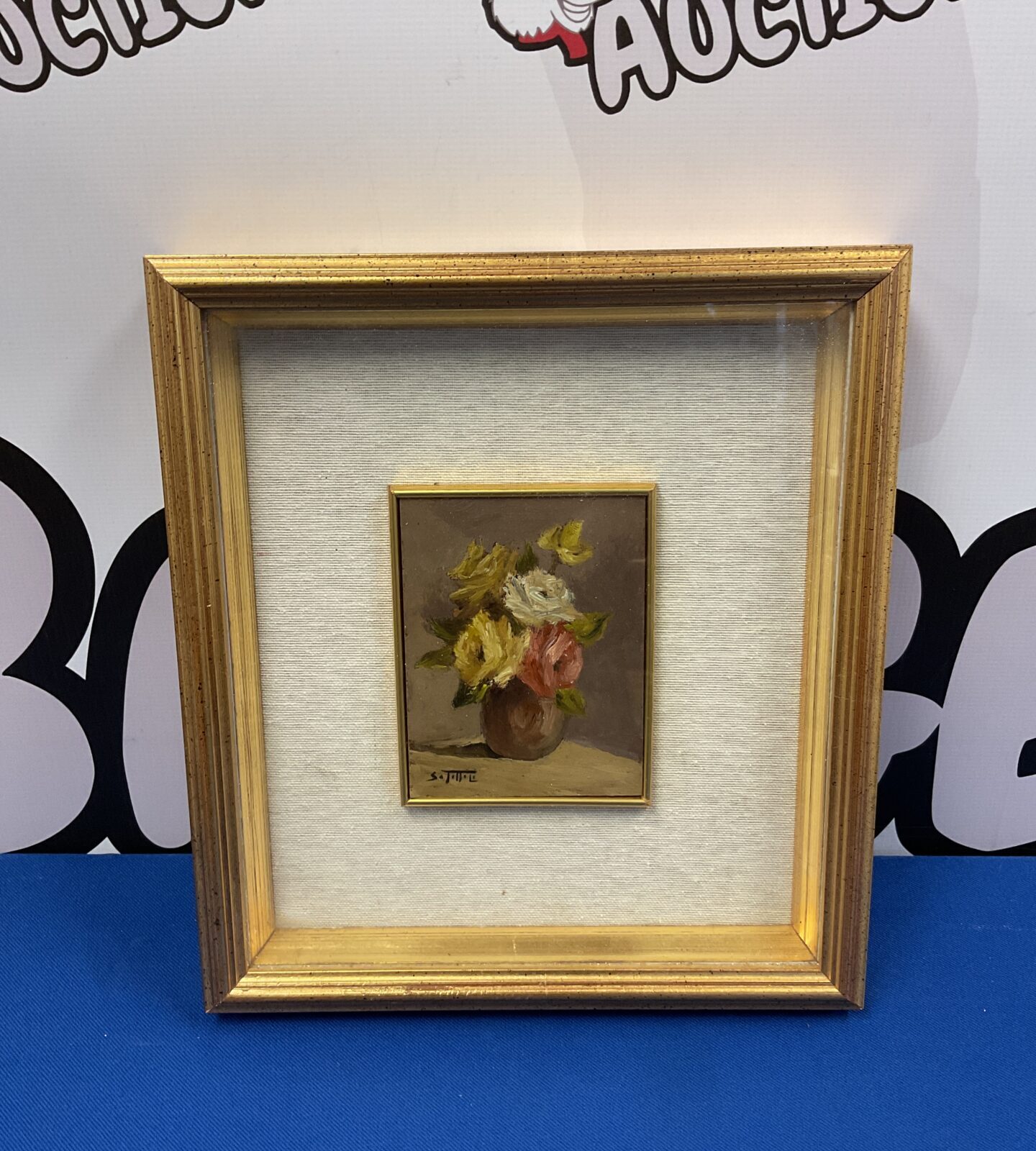 Gilt framed miniature still life oil painting of flowers in a vase