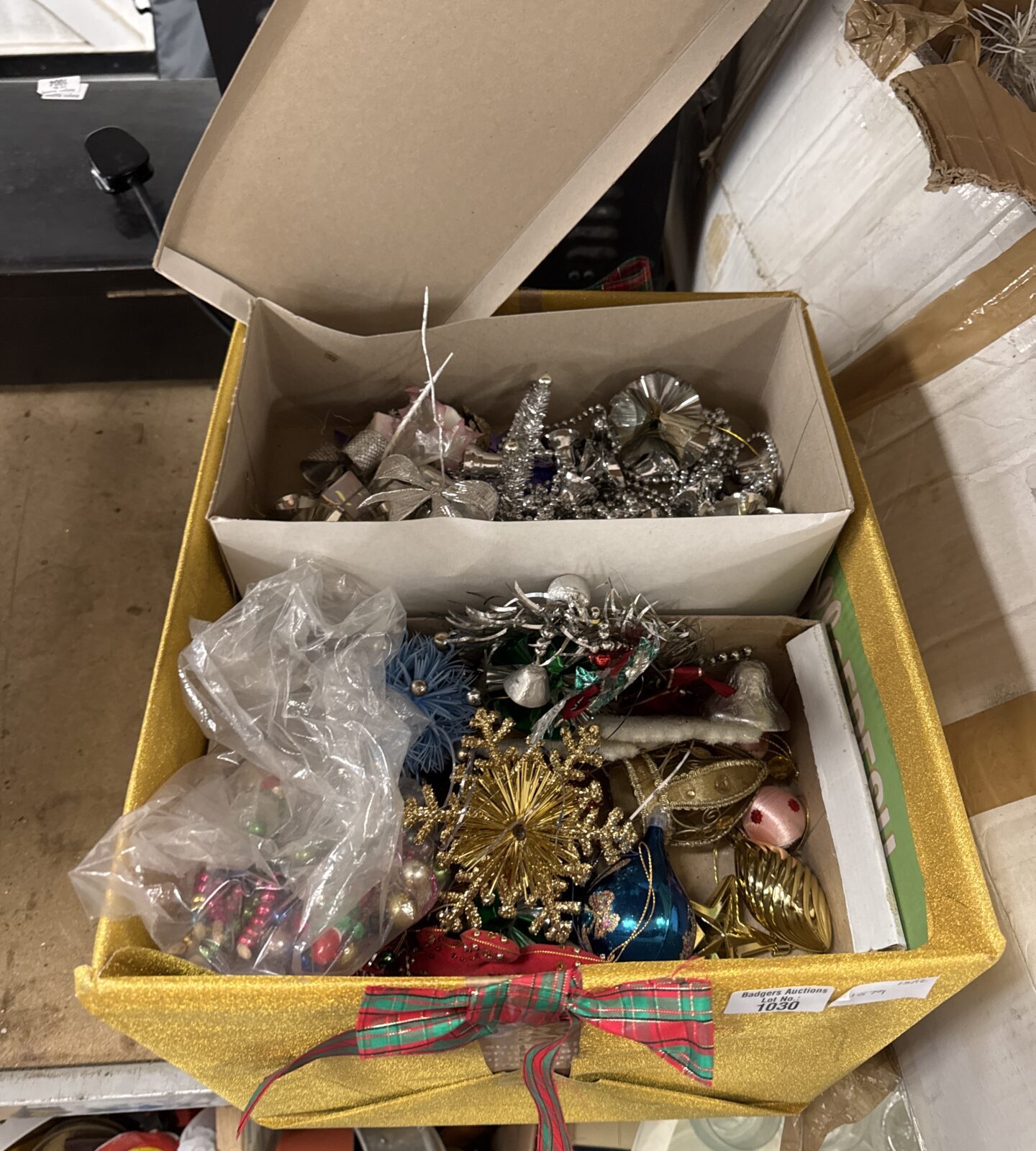 Box of Christmas decorations