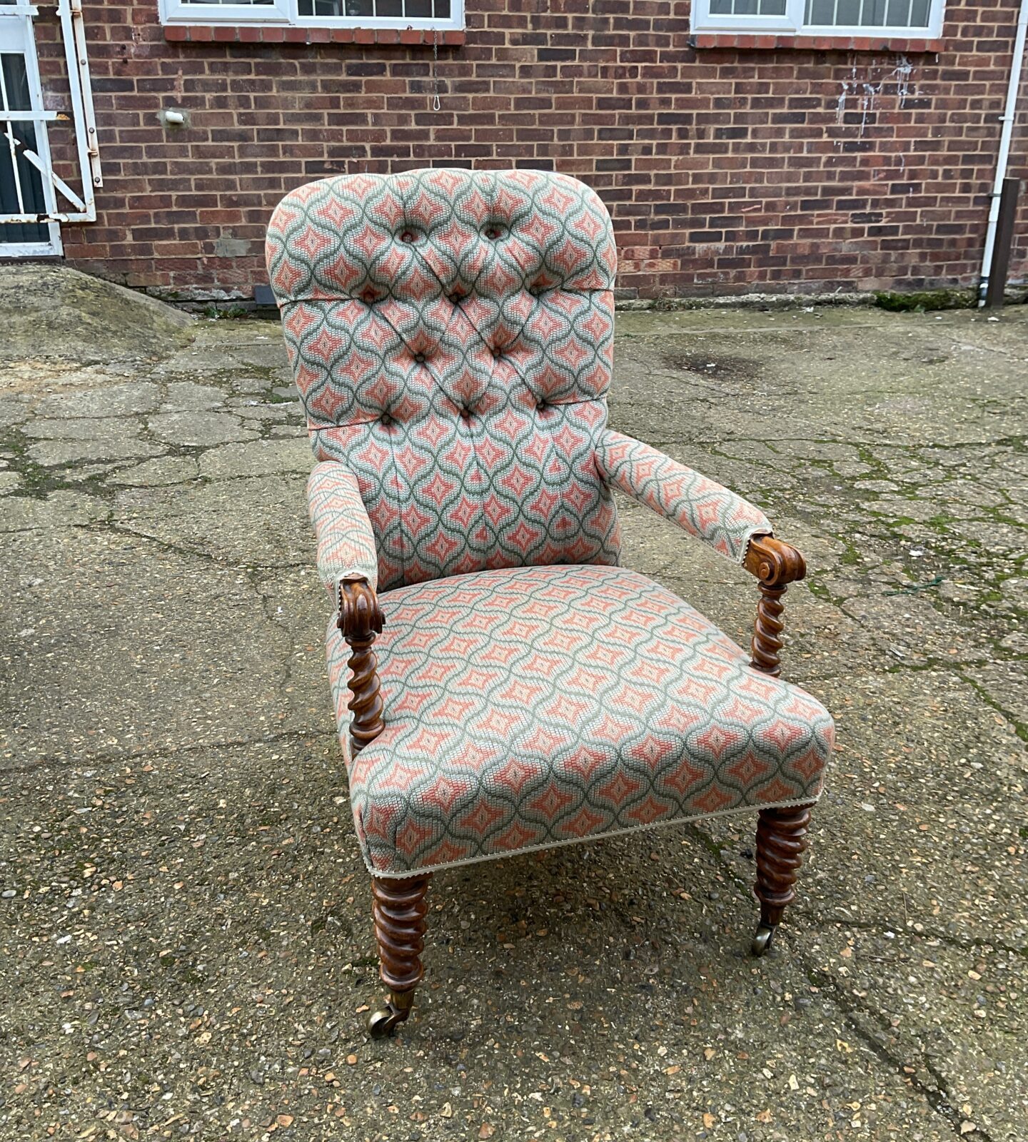 Early Victorian maple barley twist open armchair