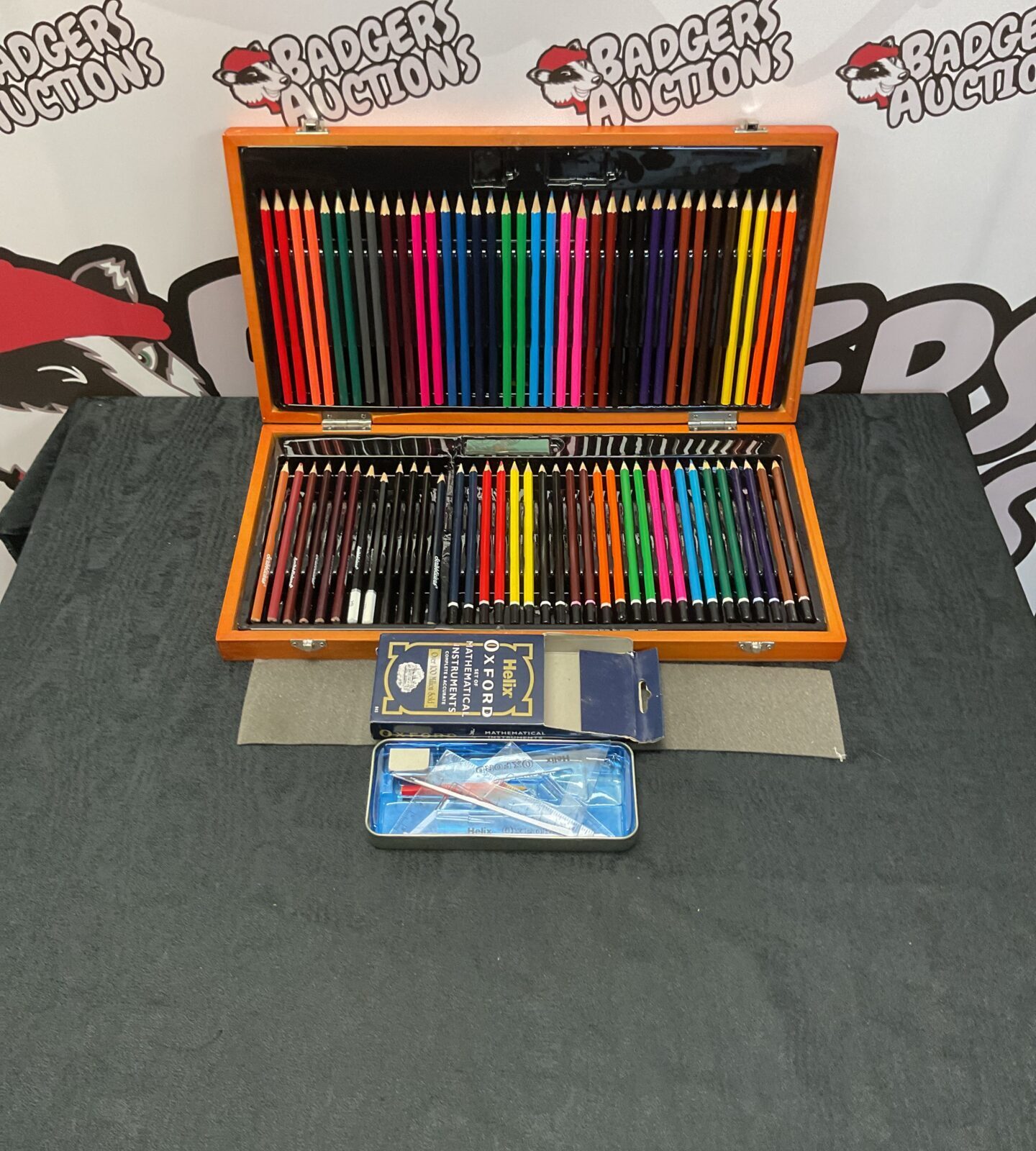 Selection of colouring pencils in wooden presenting box with helix oxford mathematical instrument set