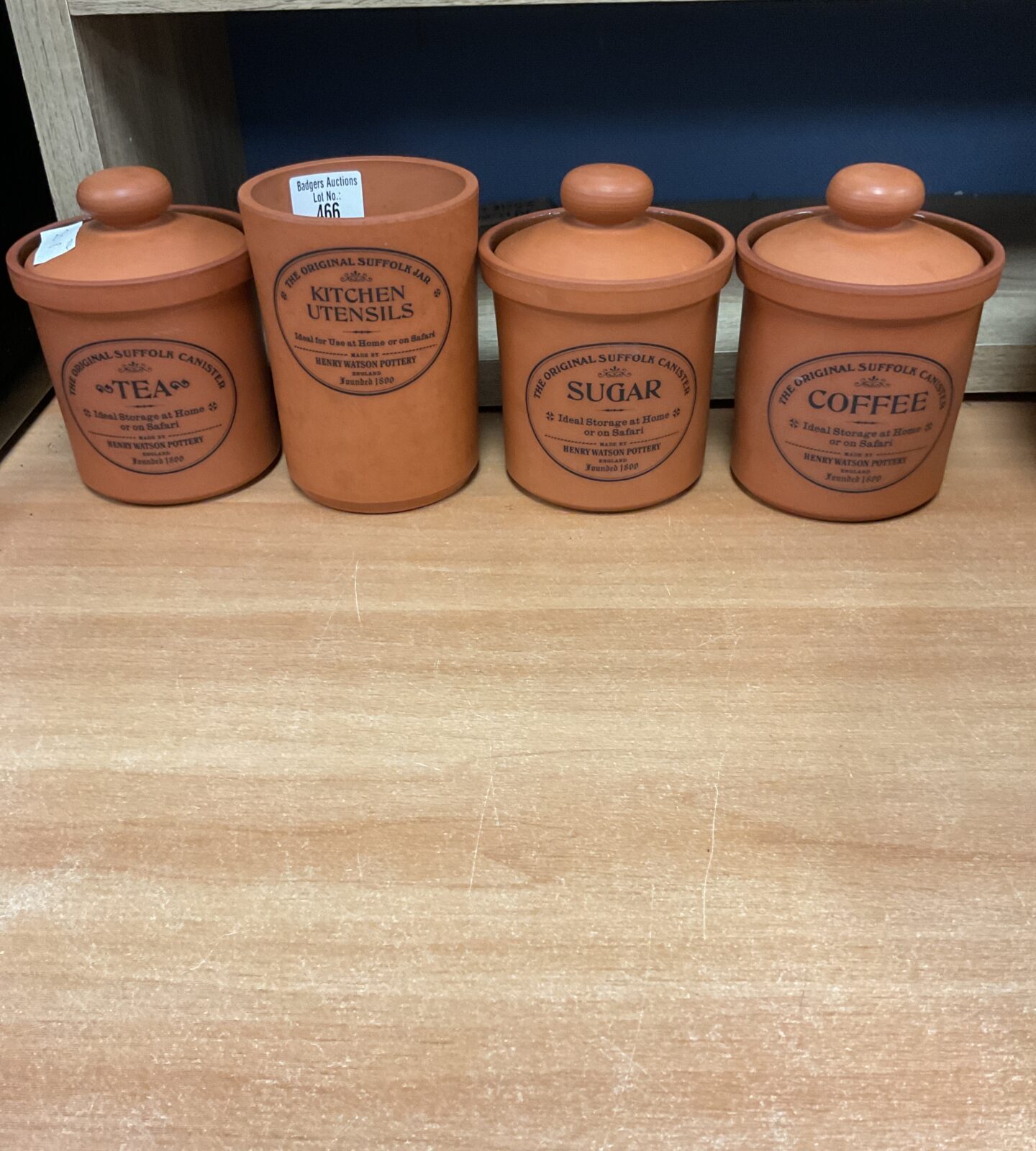 Terracotta storage jars inc sugar, coffee, tea and kitchen utensils