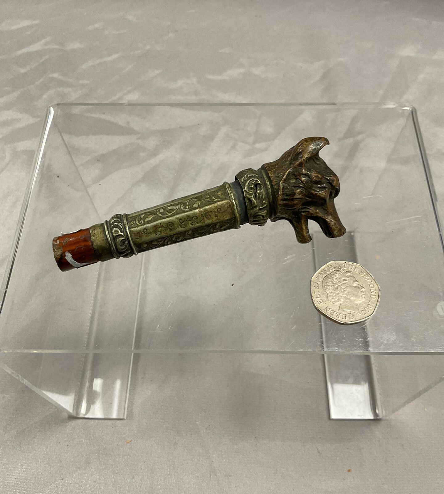 Antique Bronze dog head Walking cane top