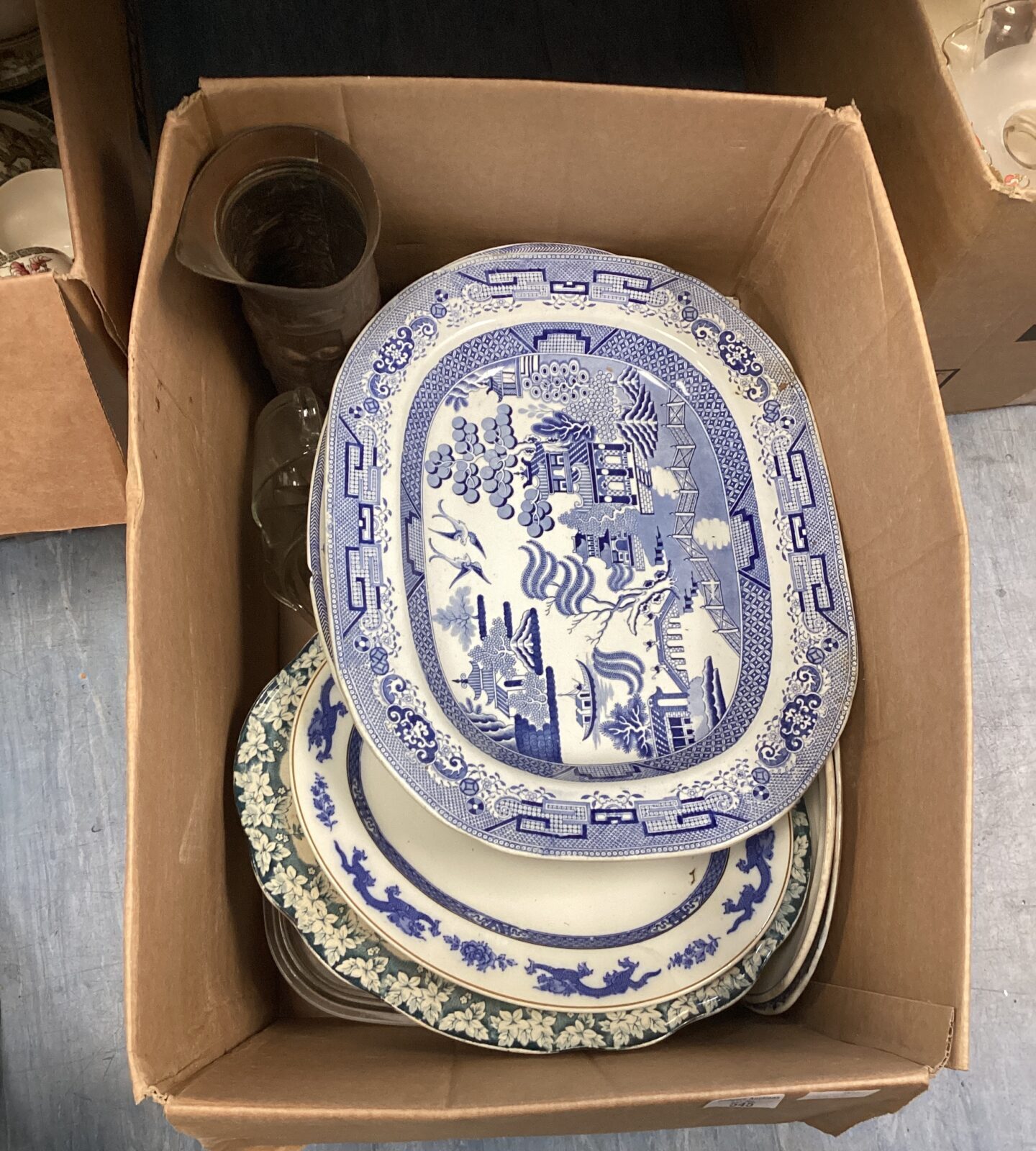 Box of mixed china inc blue & white with copper jug