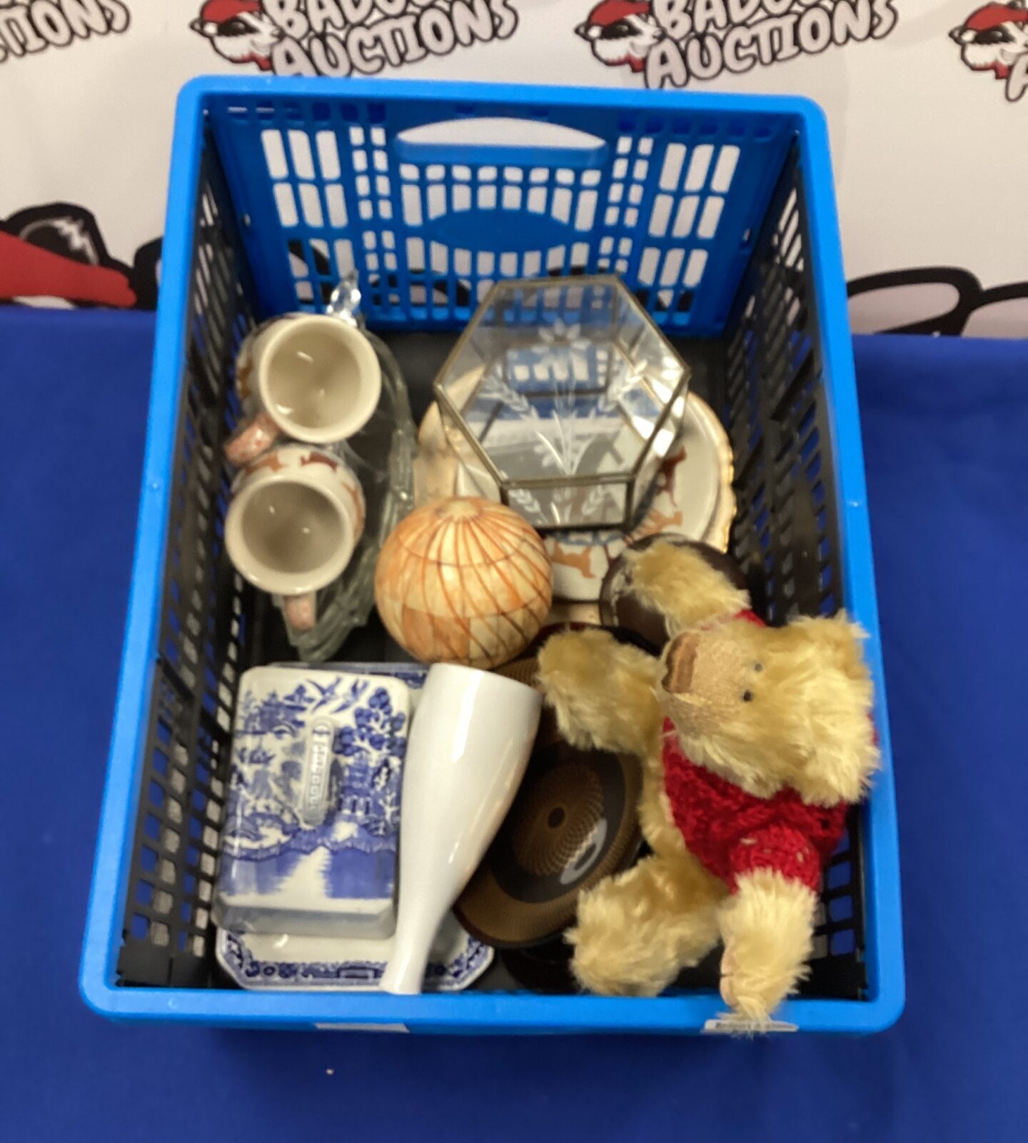 Box of mixed items inc Blue and White Cheese Dish