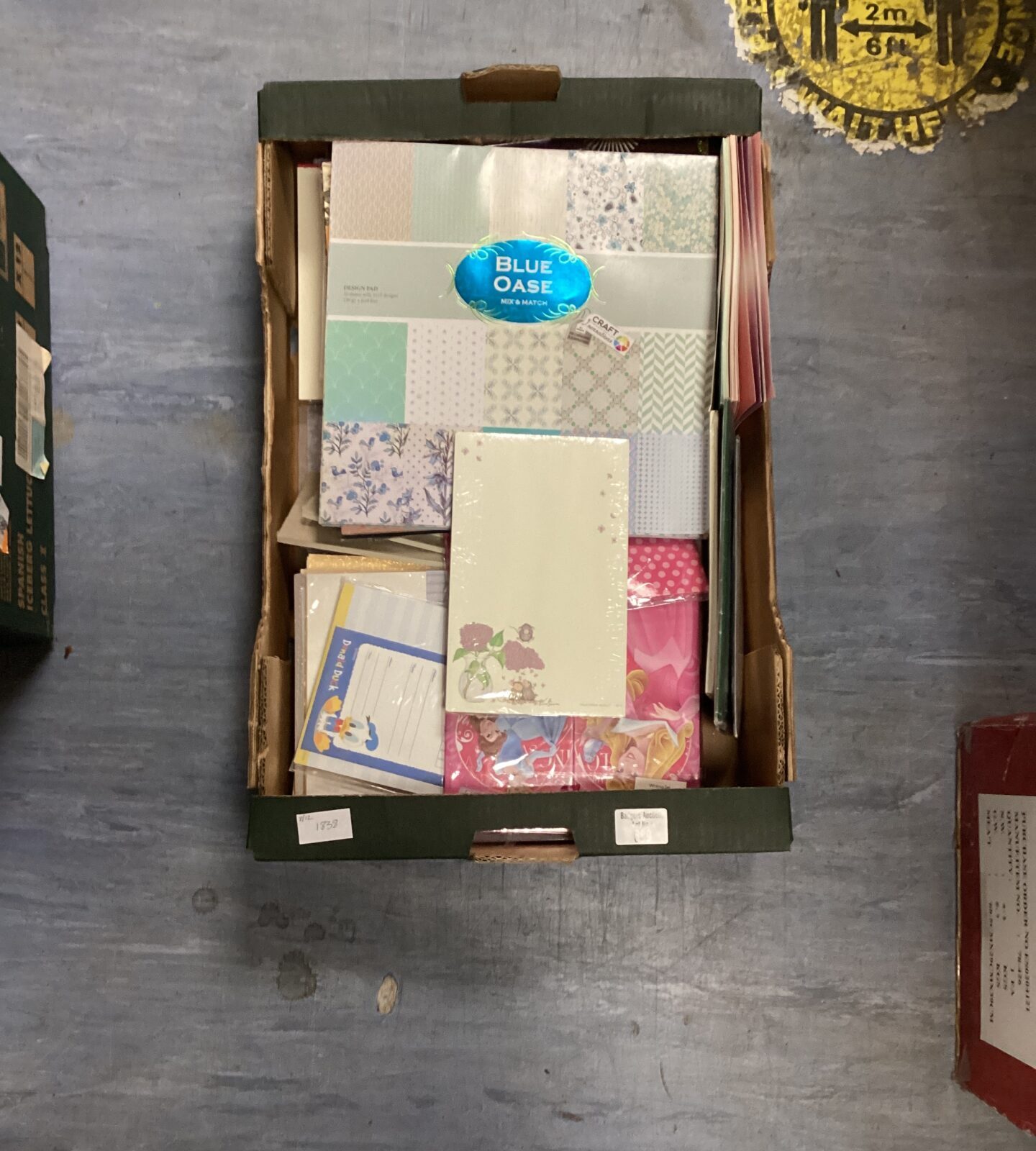 Box of mixed craft items and writing paper