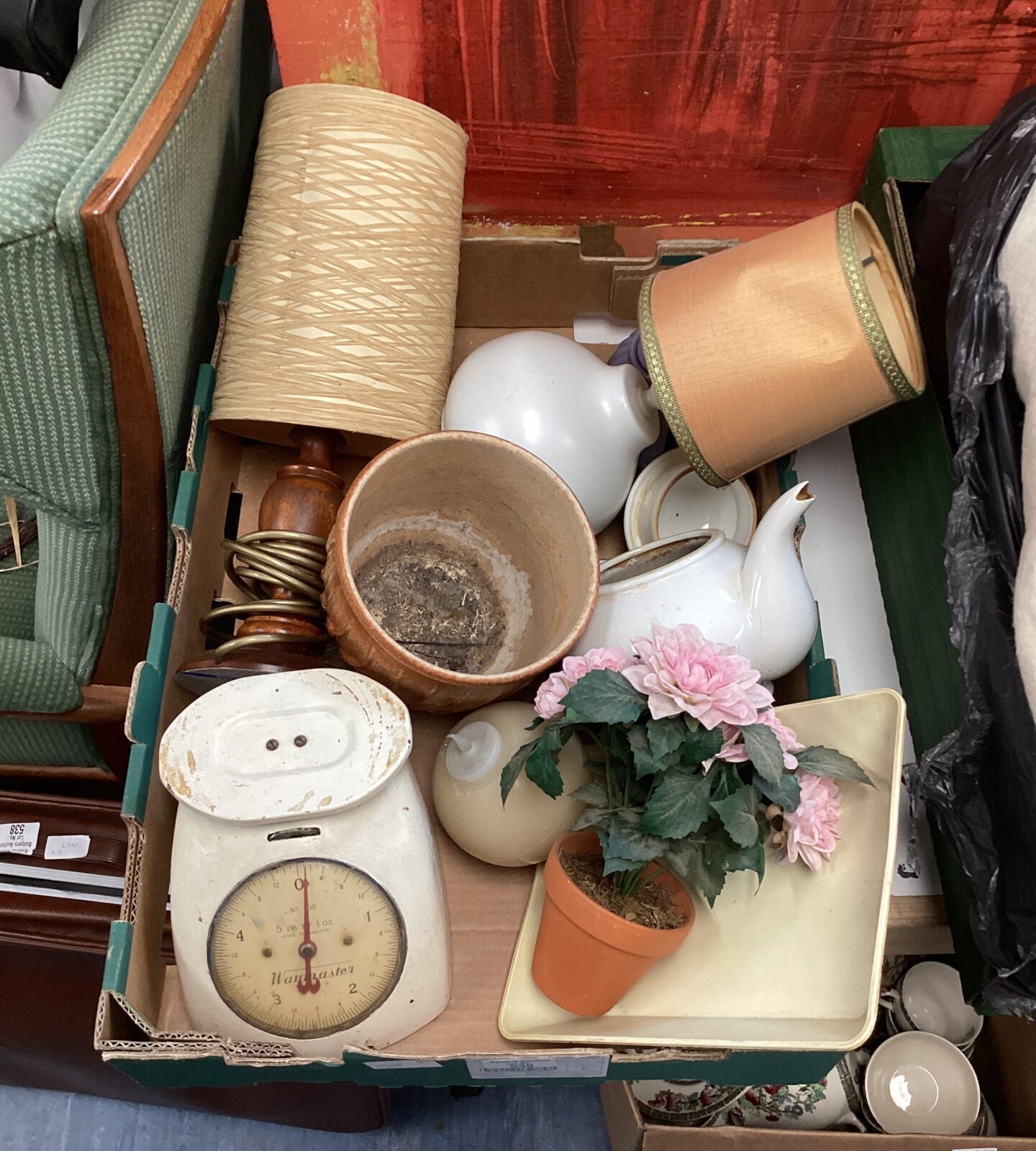 Tray of mixed table lamps with shades, weighing scales & plant pots